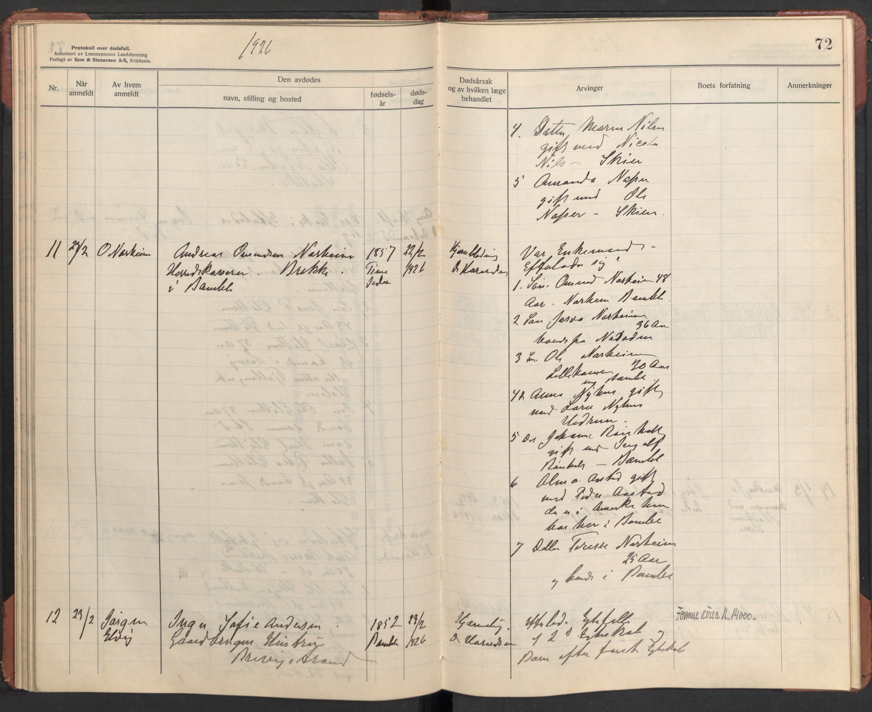 Bamble lensmannskontor, AV/SAKO-A-552/H/Ha/Haa/L0004: Dødsfallsprotokoll, 1923-1926, p. 72