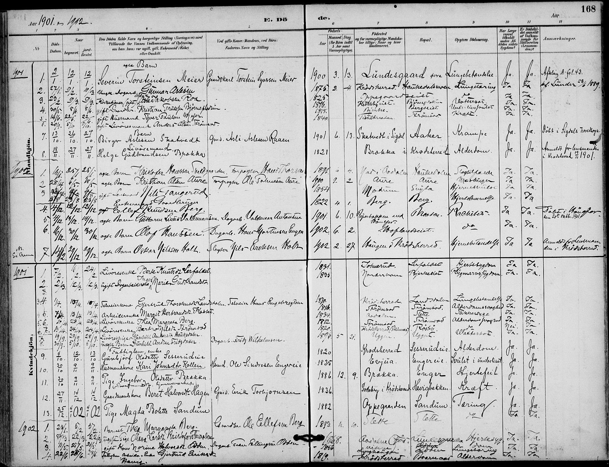 Lunder kirkebøker, SAKO/A-629/F/Fa/L0001: Parish register (official) no. I 1, 1885-1912, p. 168