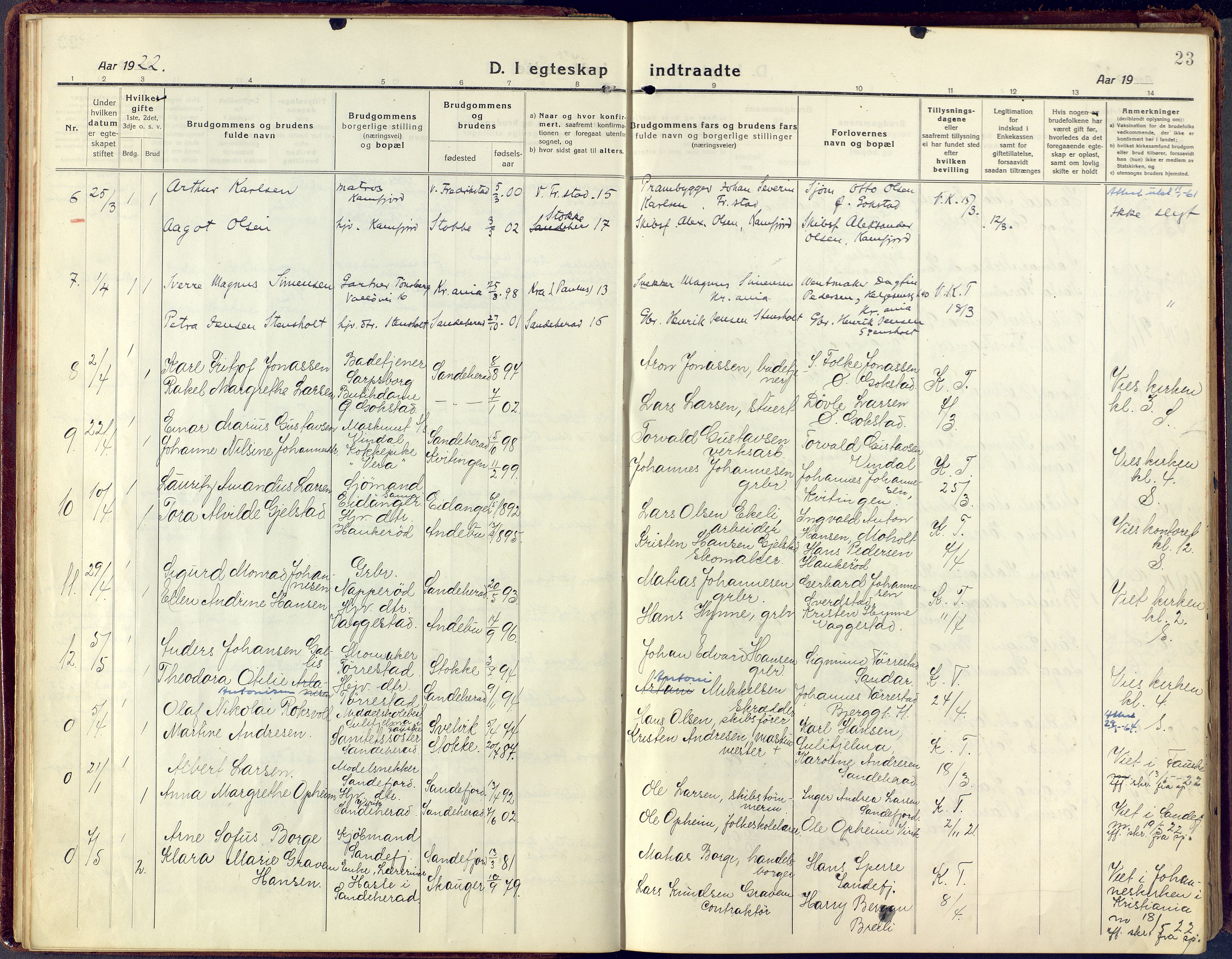 Sandar kirkebøker, SAKO/A-243/F/Fa/L0021: Parish register (official) no. 21, 1919-1925, p. 23
