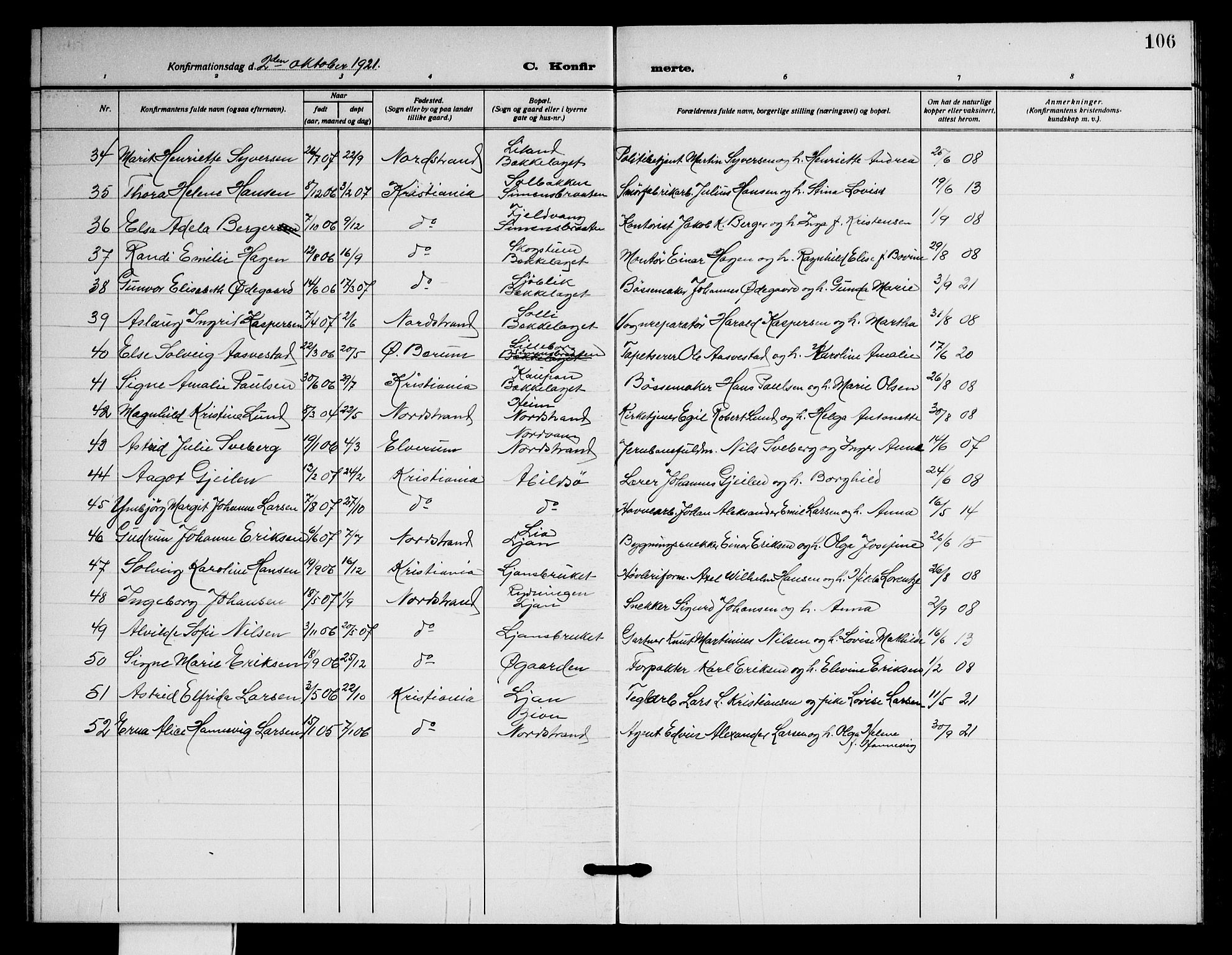 Nordstrand prestekontor Kirkebøker, AV/SAO-A-10362a/G/Ga/L0002: Parish register (copy) no. I 2, 1918-1925, p. 106