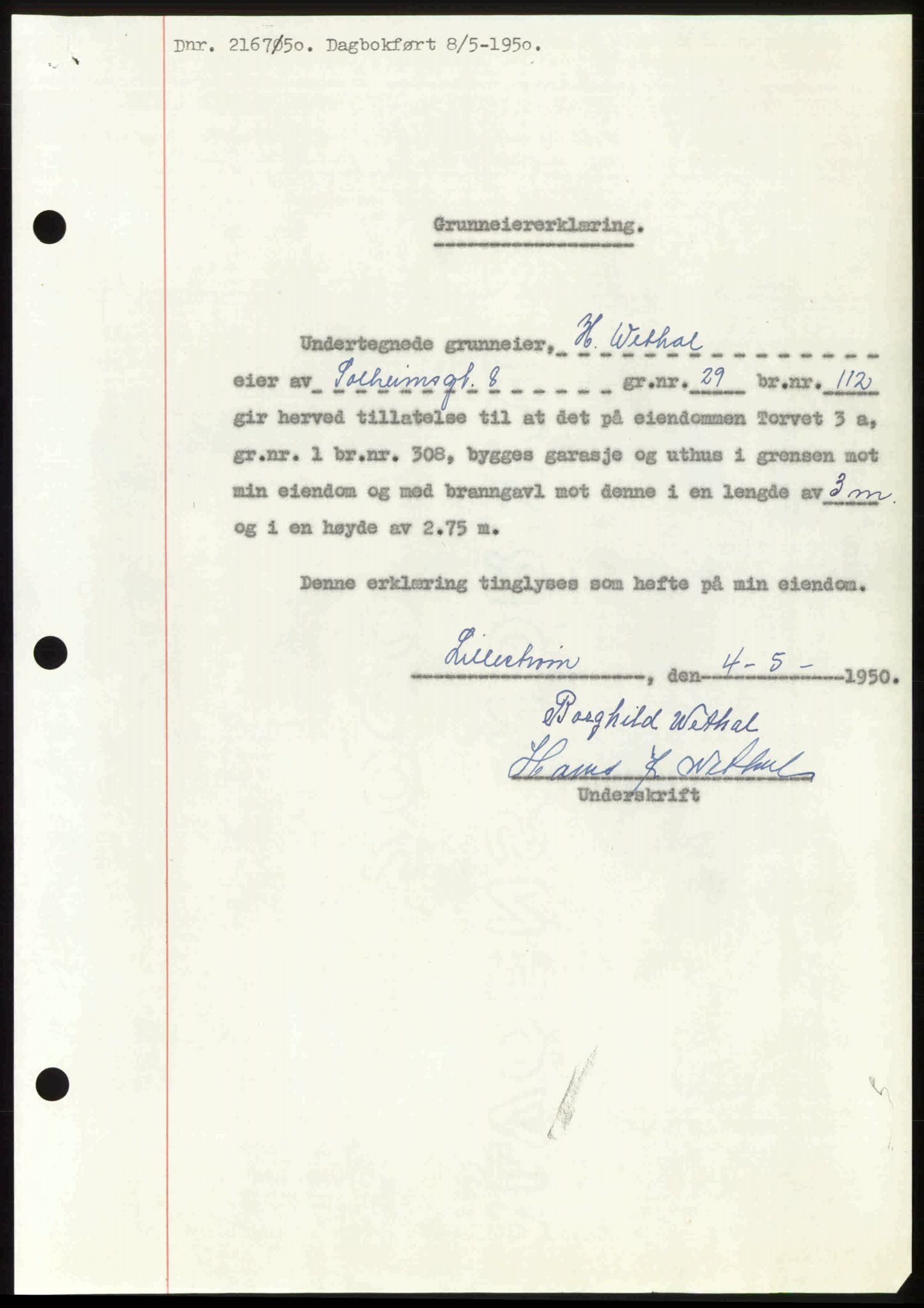 Nedre Romerike sorenskriveri, SAO/A-10469/G/Gb/Gbd/L0030: Mortgage book no. 30, 1950-1950, Diary no: : 2167/1950