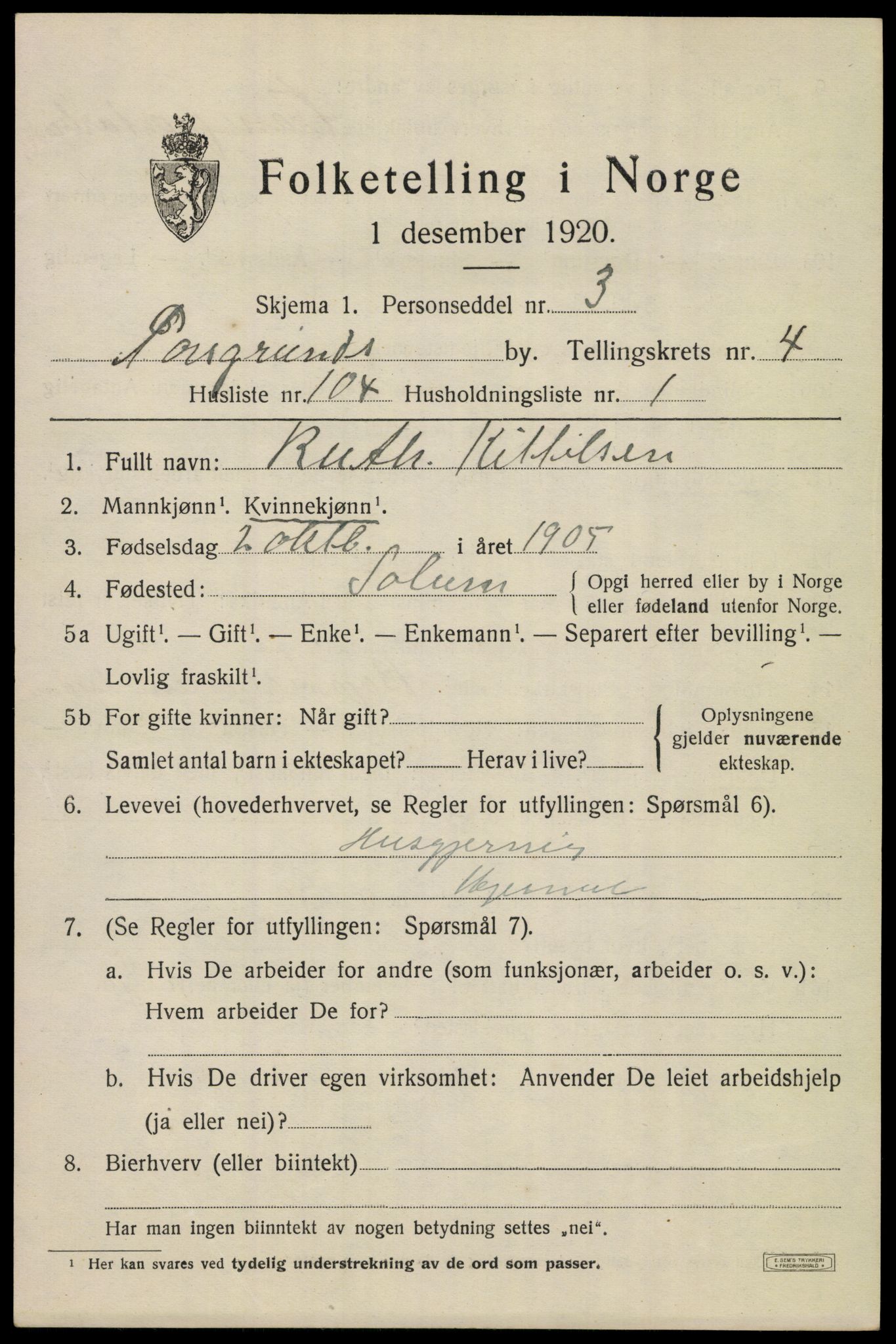 SAKO, 1920 census for Porsgrunn, 1920, p. 19915