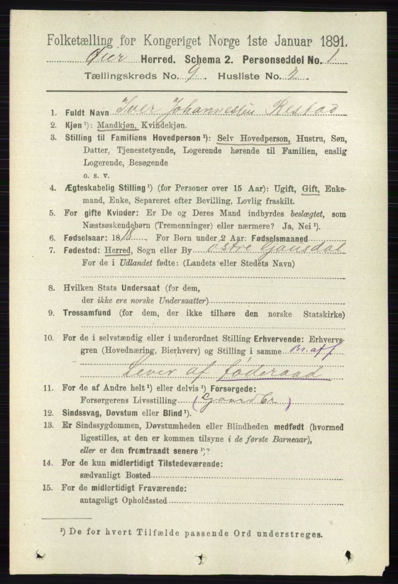 RA, 1891 census for 0521 Øyer, 1891, p. 3167