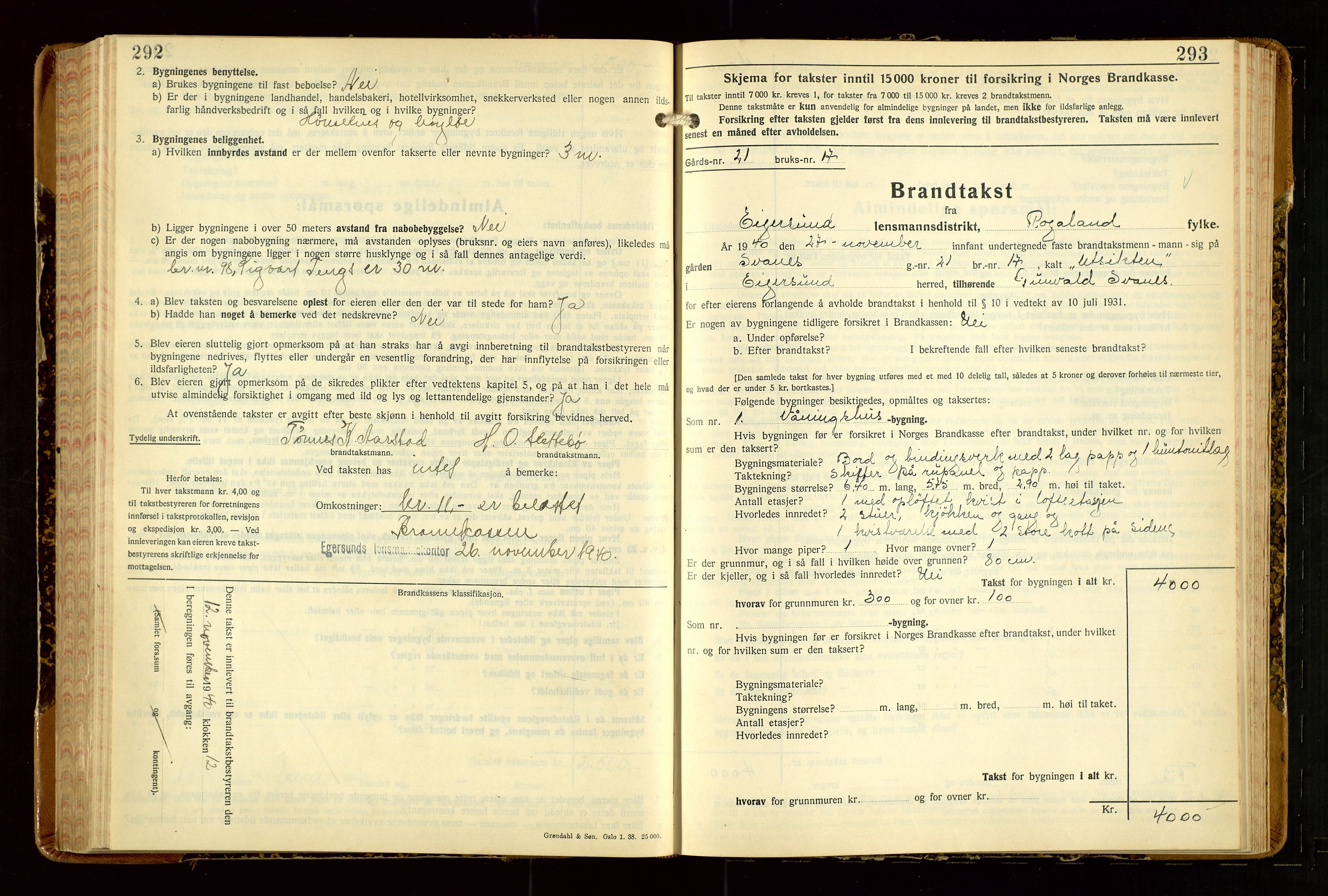 Eigersund lensmannskontor, AV/SAST-A-100171/Gob/L0007: "Brandtakstprotokoll", 1938-1955, p. 292-293