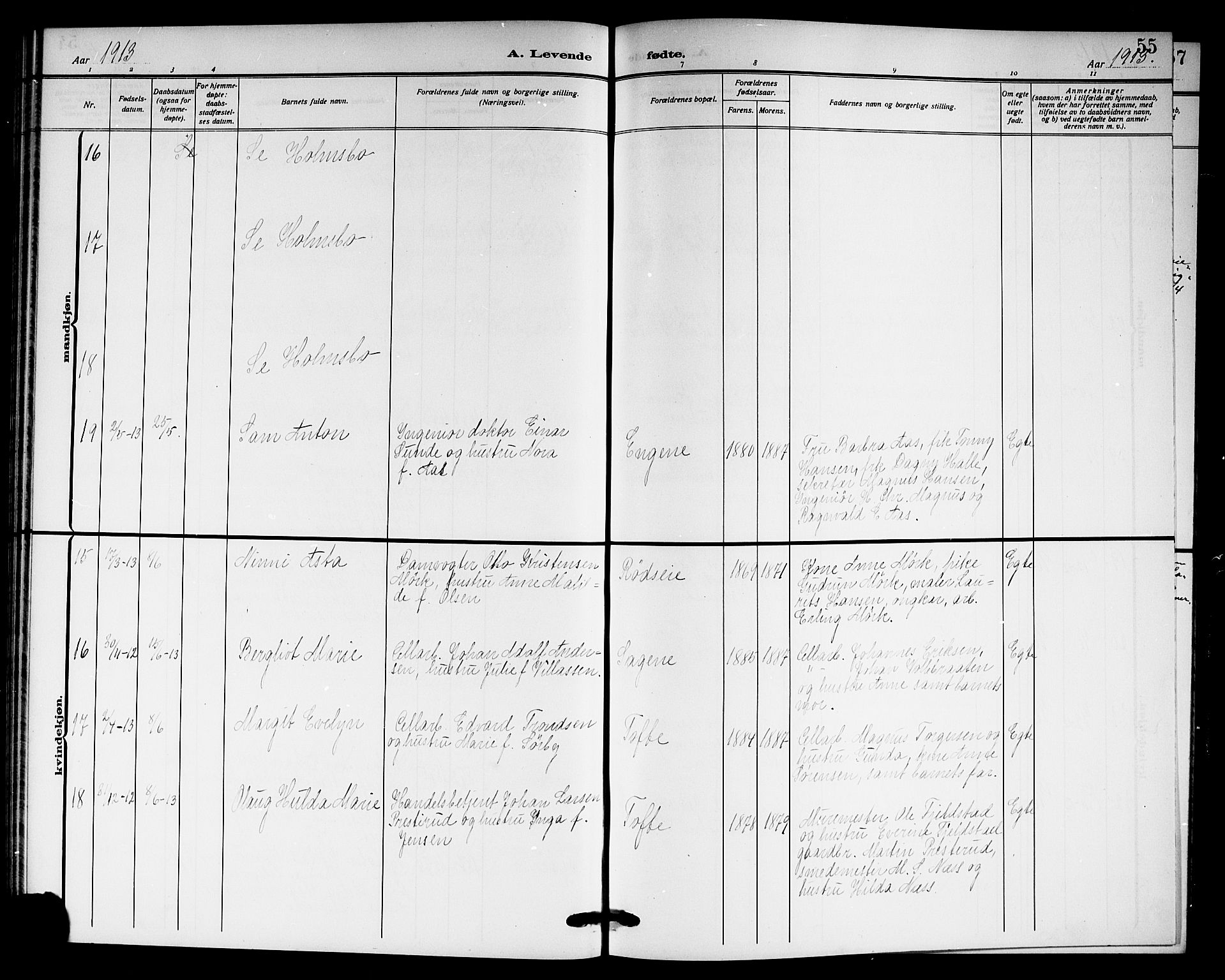 Hurum kirkebøker, AV/SAKO-A-229/G/Ga/L0005: Parish register (copy) no. I 5, 1908-1922, p. 55