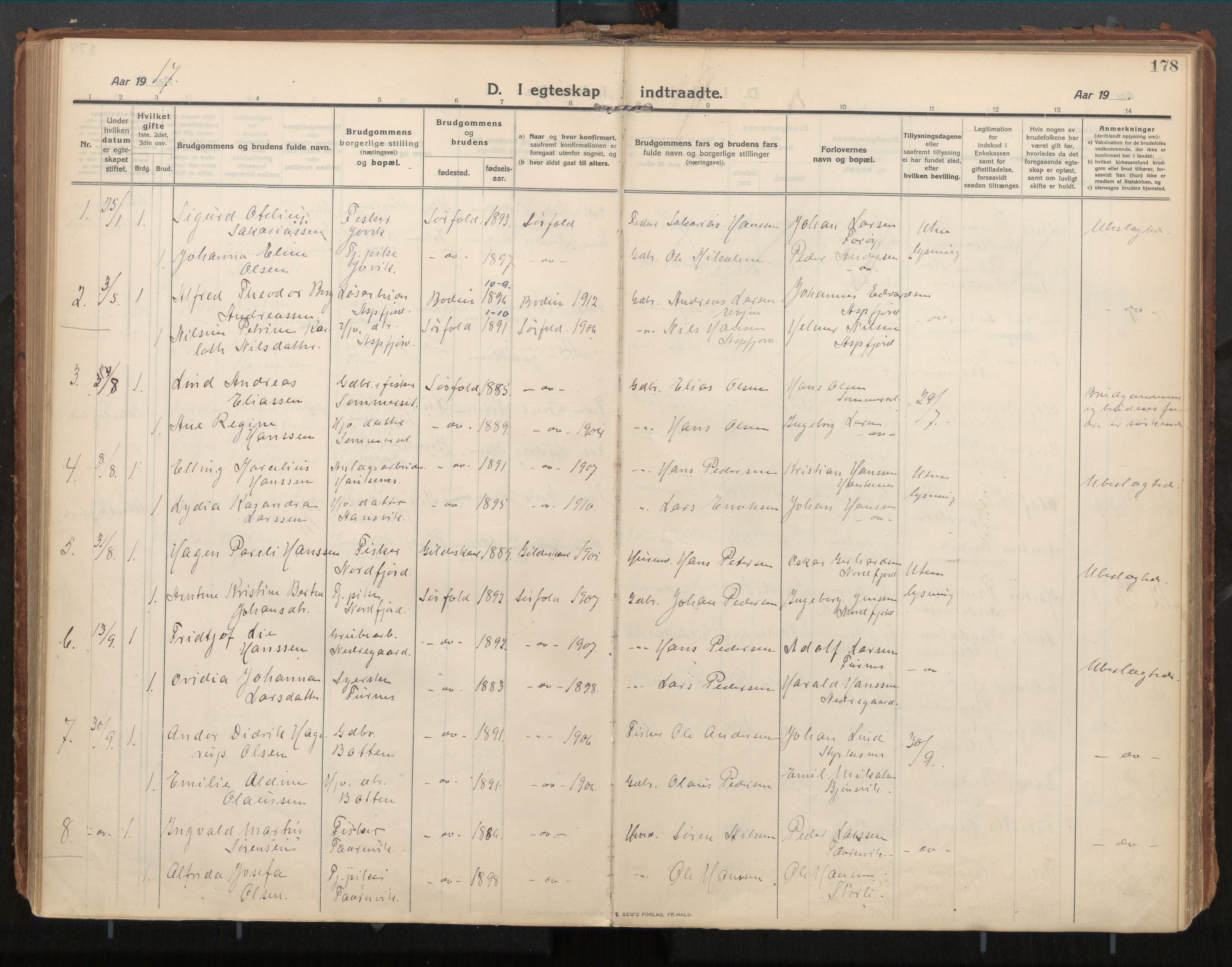 Ministerialprotokoller, klokkerbøker og fødselsregistre - Nordland, AV/SAT-A-1459/854/L0784: Parish register (official) no. 854A07, 1910-1922, p. 178