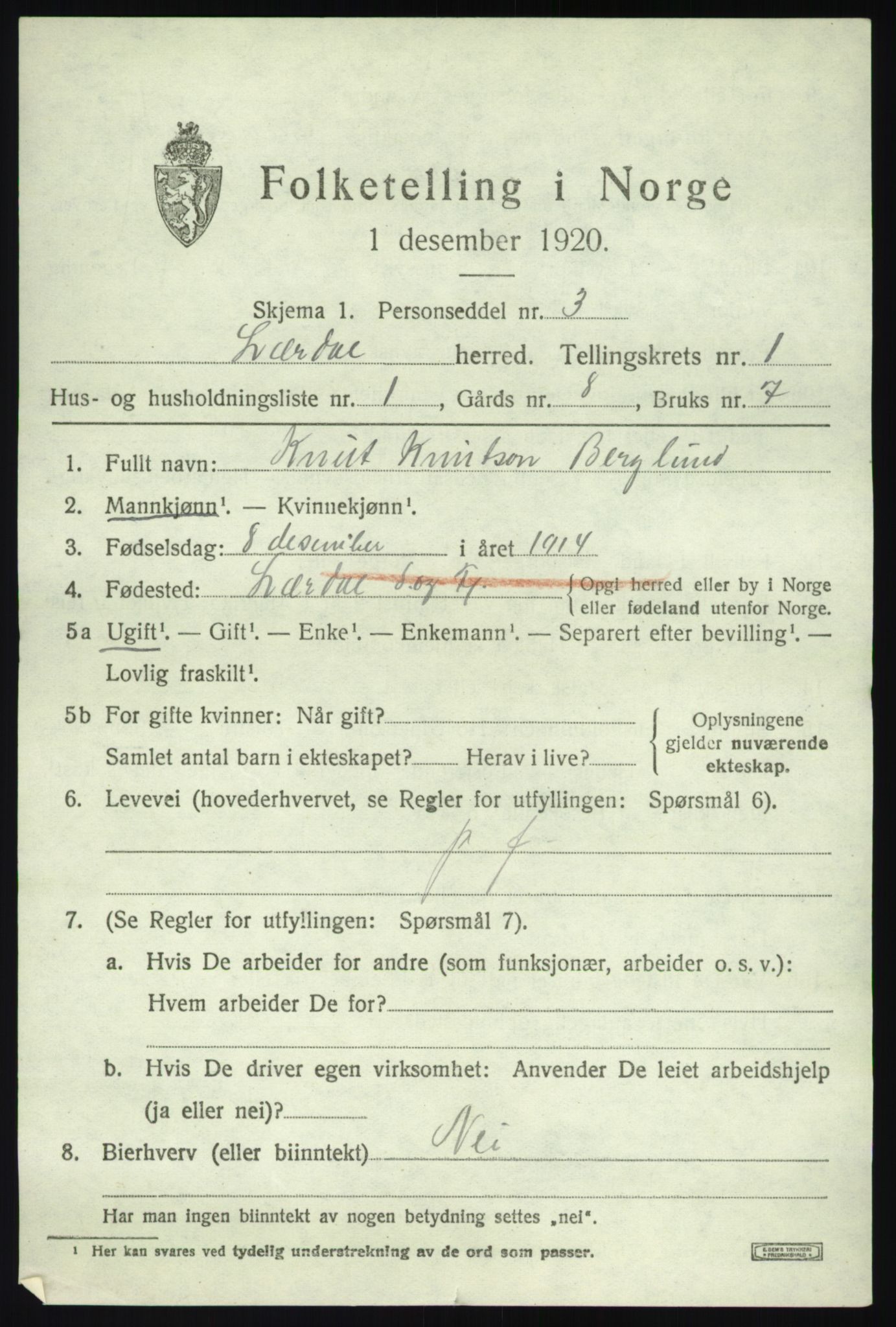 SAB, 1920 census for Lærdal, 1920, p. 804