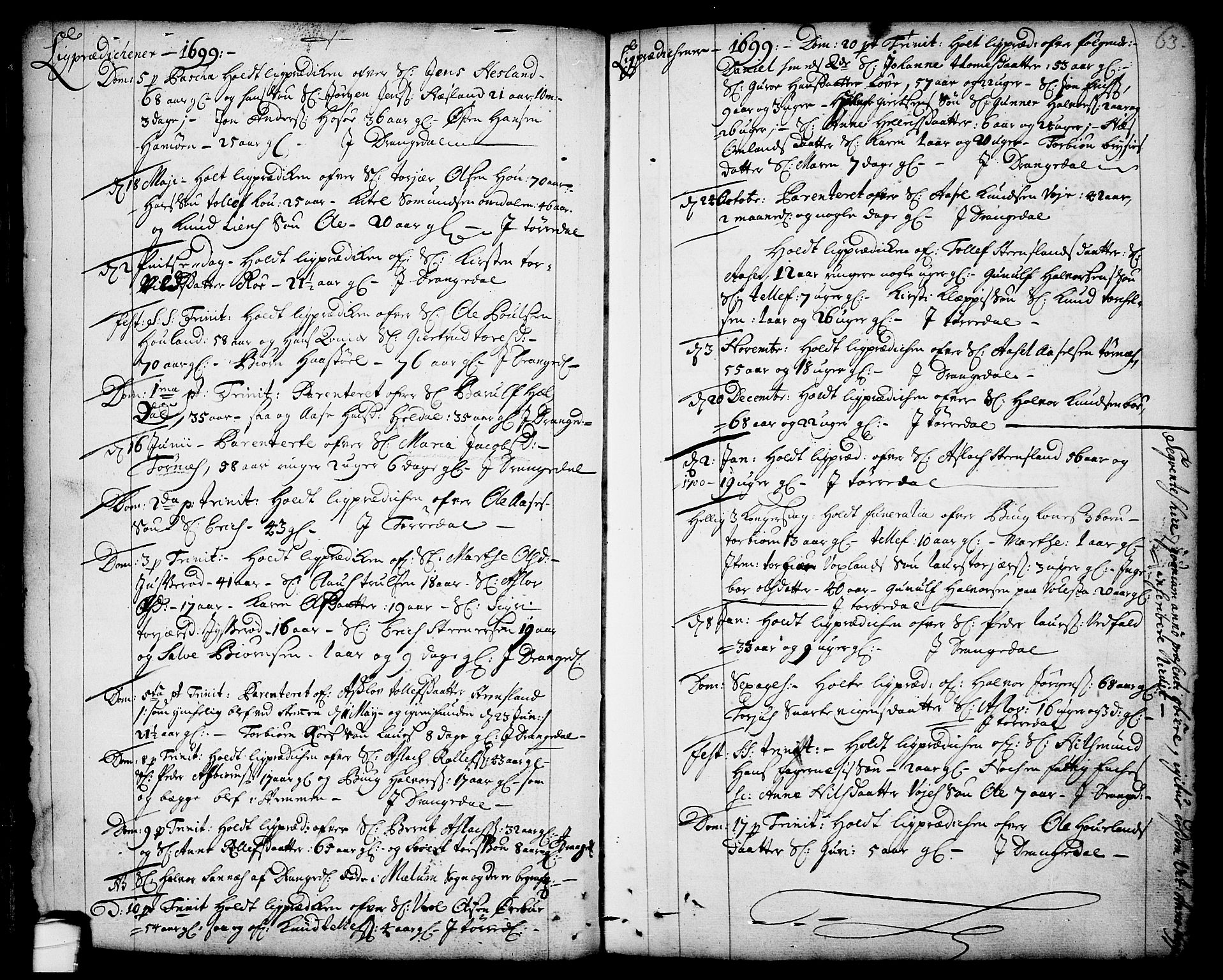 Drangedal kirkebøker, SAKO/A-258/F/Fa/L0001: Parish register (official) no. 1, 1697-1767, p. 63
