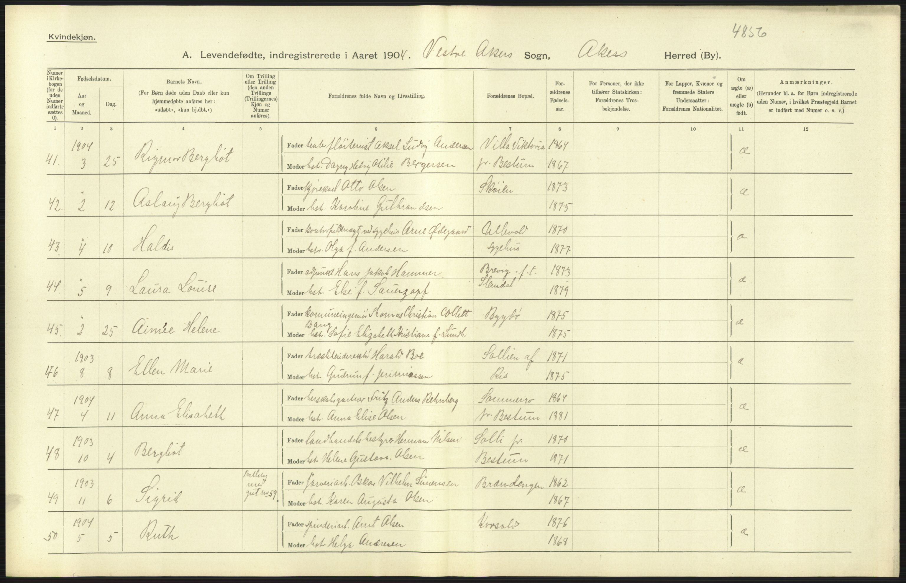 Statistisk sentralbyrå, Sosiodemografiske emner, Befolkning, AV/RA-S-2228/D/Df/Dfa/Dfab/L0002: Akershus amt: Fødte, gifte, døde, 1904, p. 419