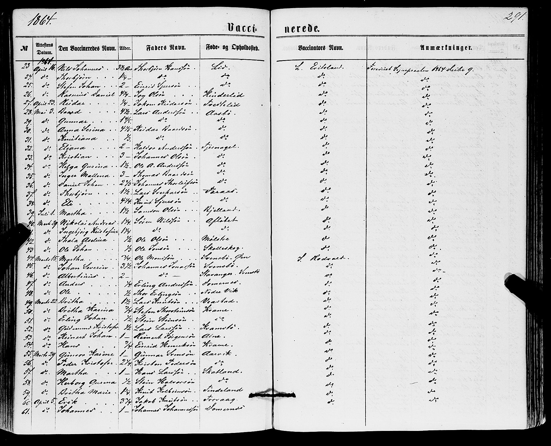 Sveio Sokneprestembete, SAB/A-78501/H/Haa: Parish register (official) no. A 1, 1861-1877, p. 291
