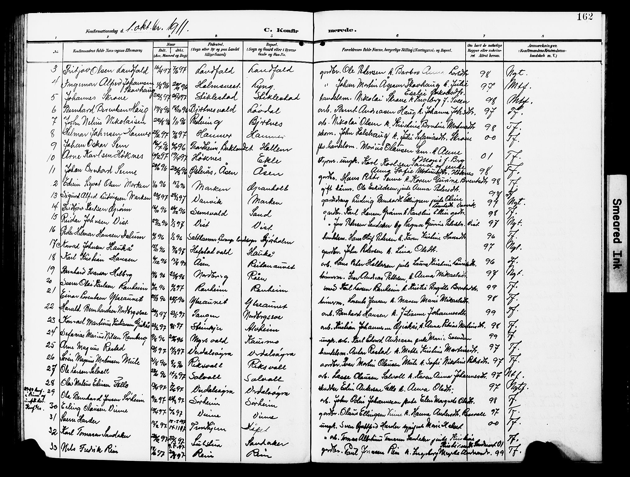 Ministerialprotokoller, klokkerbøker og fødselsregistre - Nord-Trøndelag, SAT/A-1458/723/L0258: Parish register (copy) no. 723C06, 1908-1927, p. 162