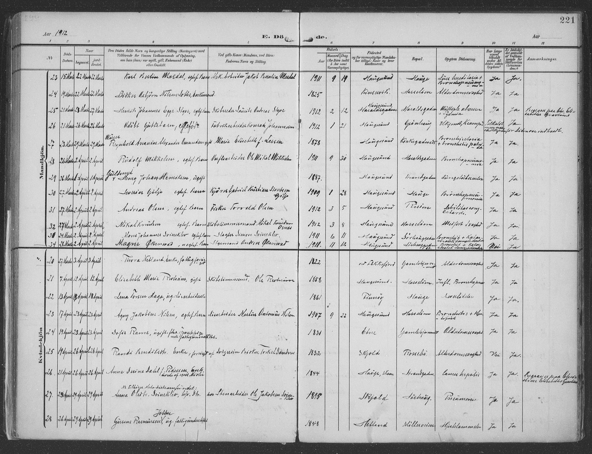 Haugesund sokneprestkontor, SAST/A -101863/H/Ha/Haa/L0007: Parish register (official) no. A 7, 1904-1916, p. 221