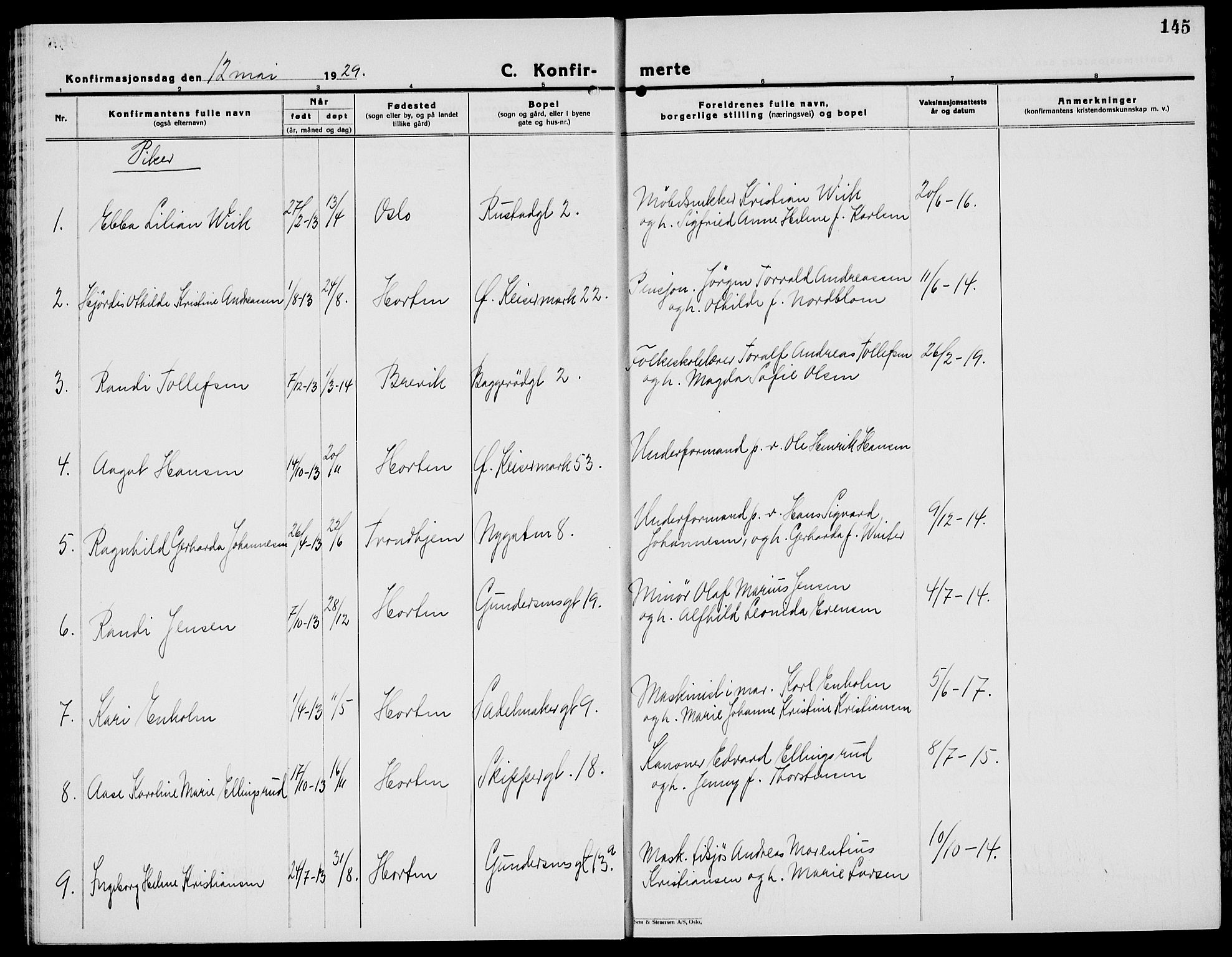 Horten kirkebøker, AV/SAKO-A-348/G/Ga/L0009: Parish register (copy) no. 9, 1926-1936, p. 145