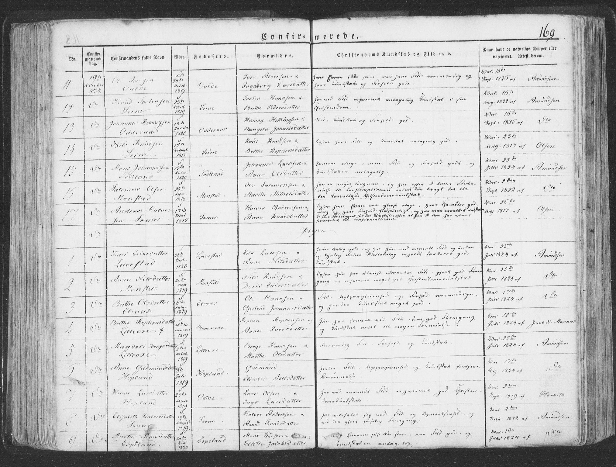 Hosanger sokneprestembete, AV/SAB-A-75801/H/Haa: Parish register (official) no. A 6, 1824-1835, p. 169