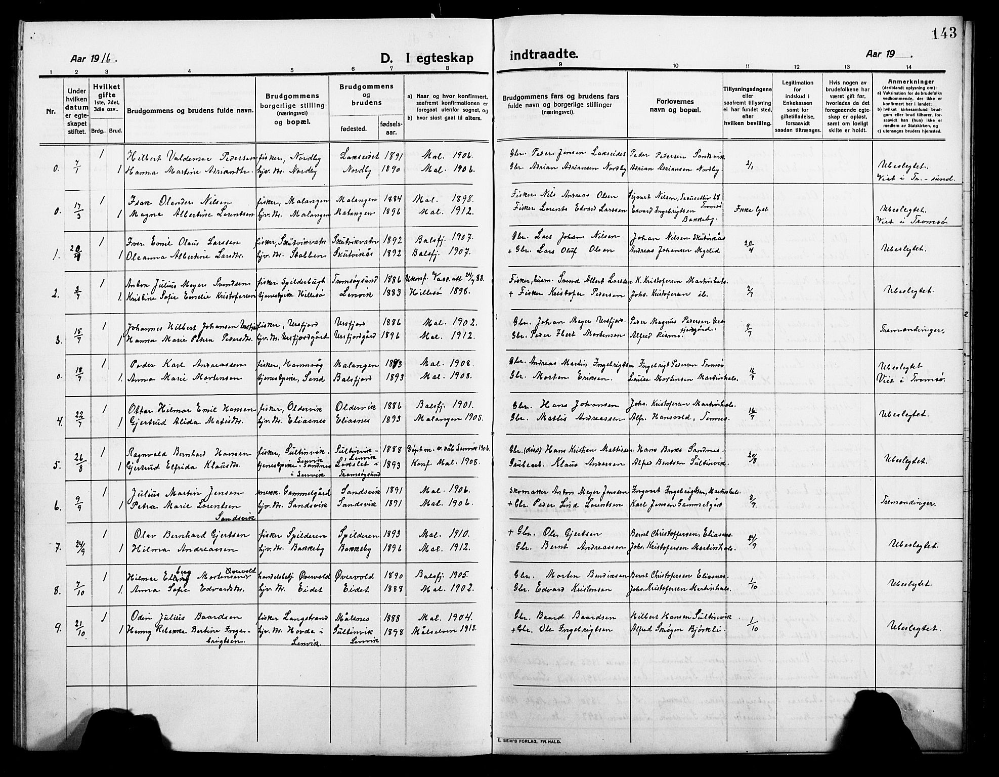 Balsfjord sokneprestembete, SATØ/S-1303/G/Ga/L0004klokker: Parish register (copy) no. 4, 1910-1926, p. 143