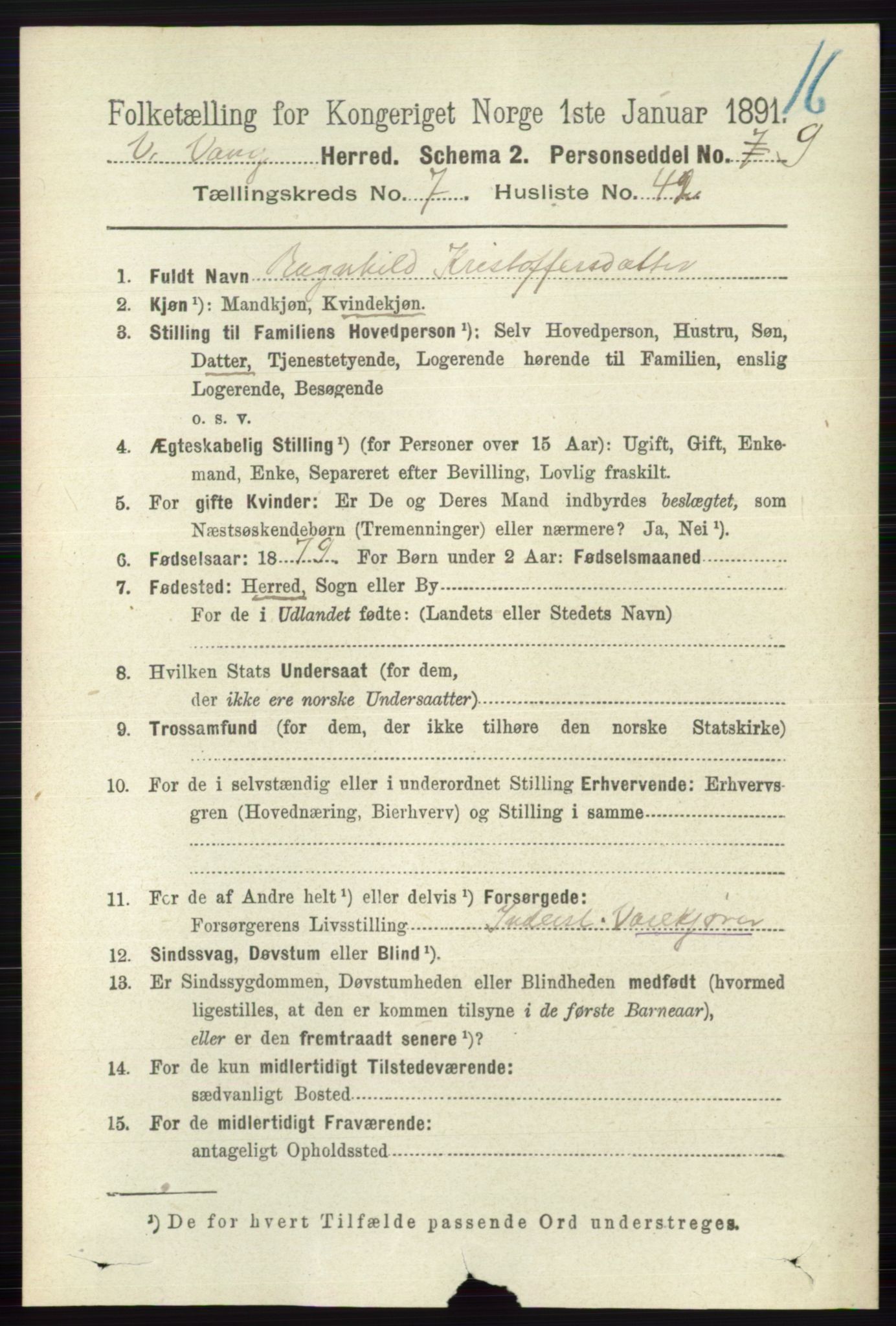 RA, 1891 census for 0545 Vang, 1891, p. 1688