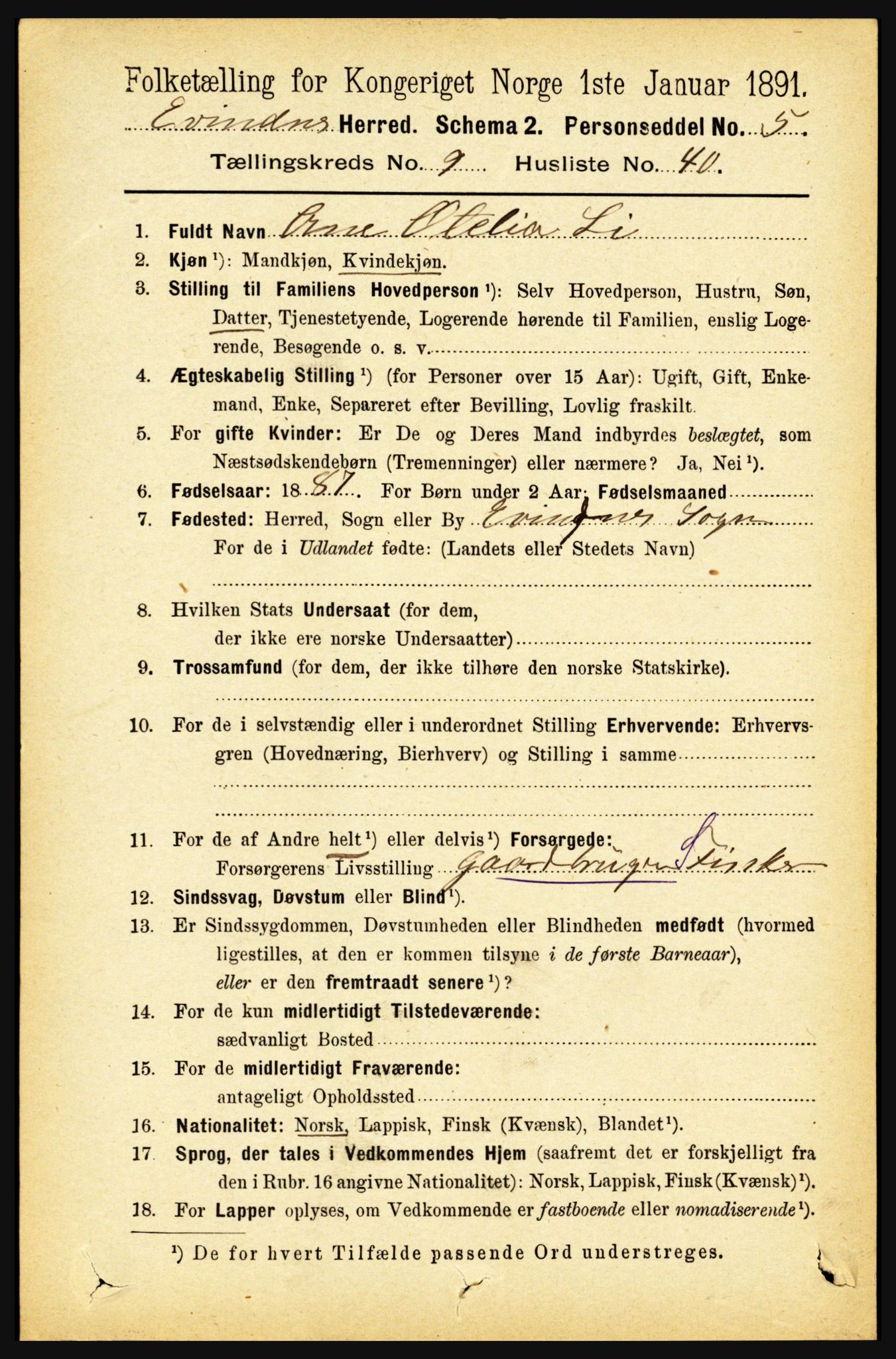 RA, 1891 census for 1853 Evenes, 1891, p. 3082