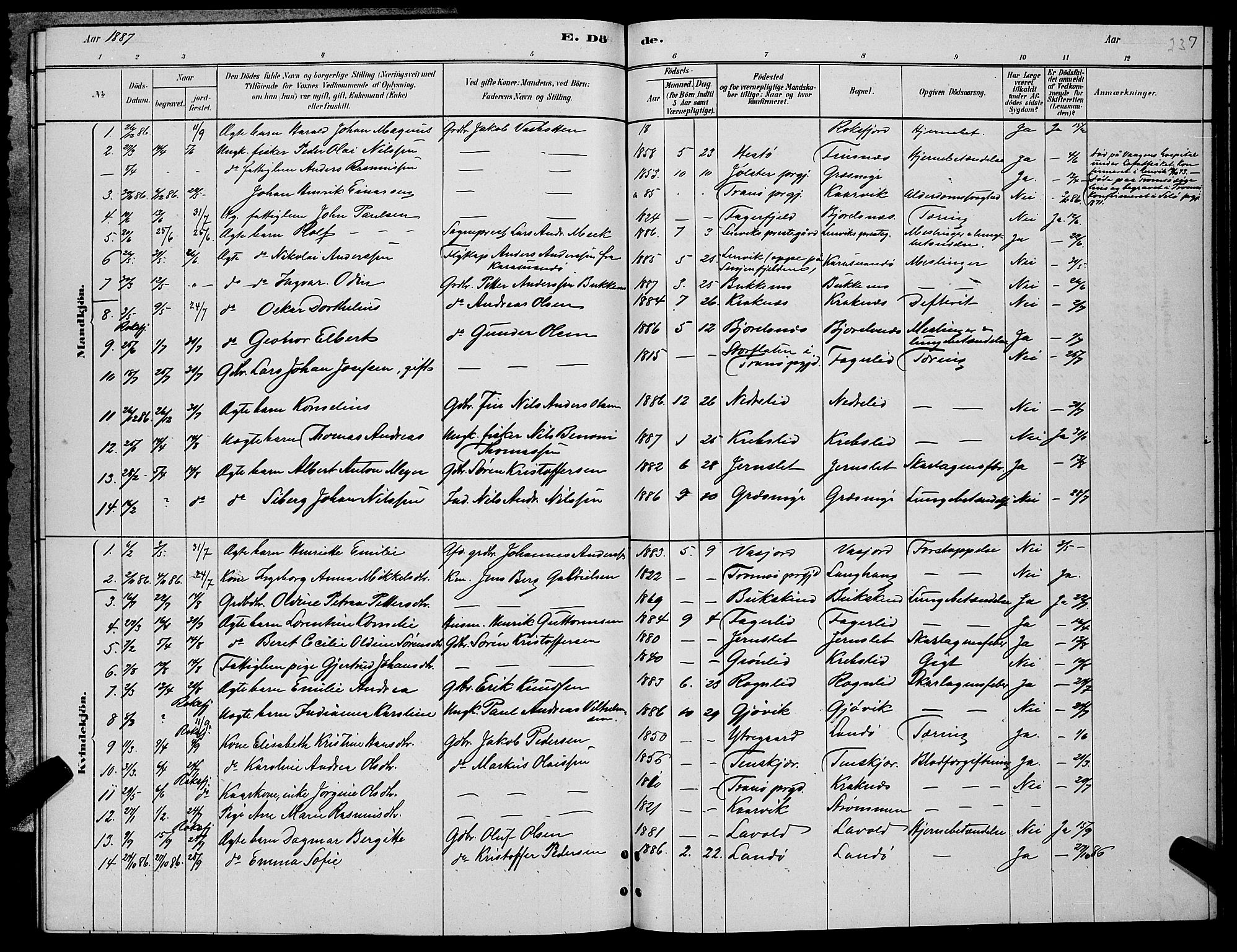 Lenvik sokneprestembete, SATØ/S-1310/H/Ha/Hab/L0006klokker: Parish register (copy) no. 6, 1881-1889, p. 237