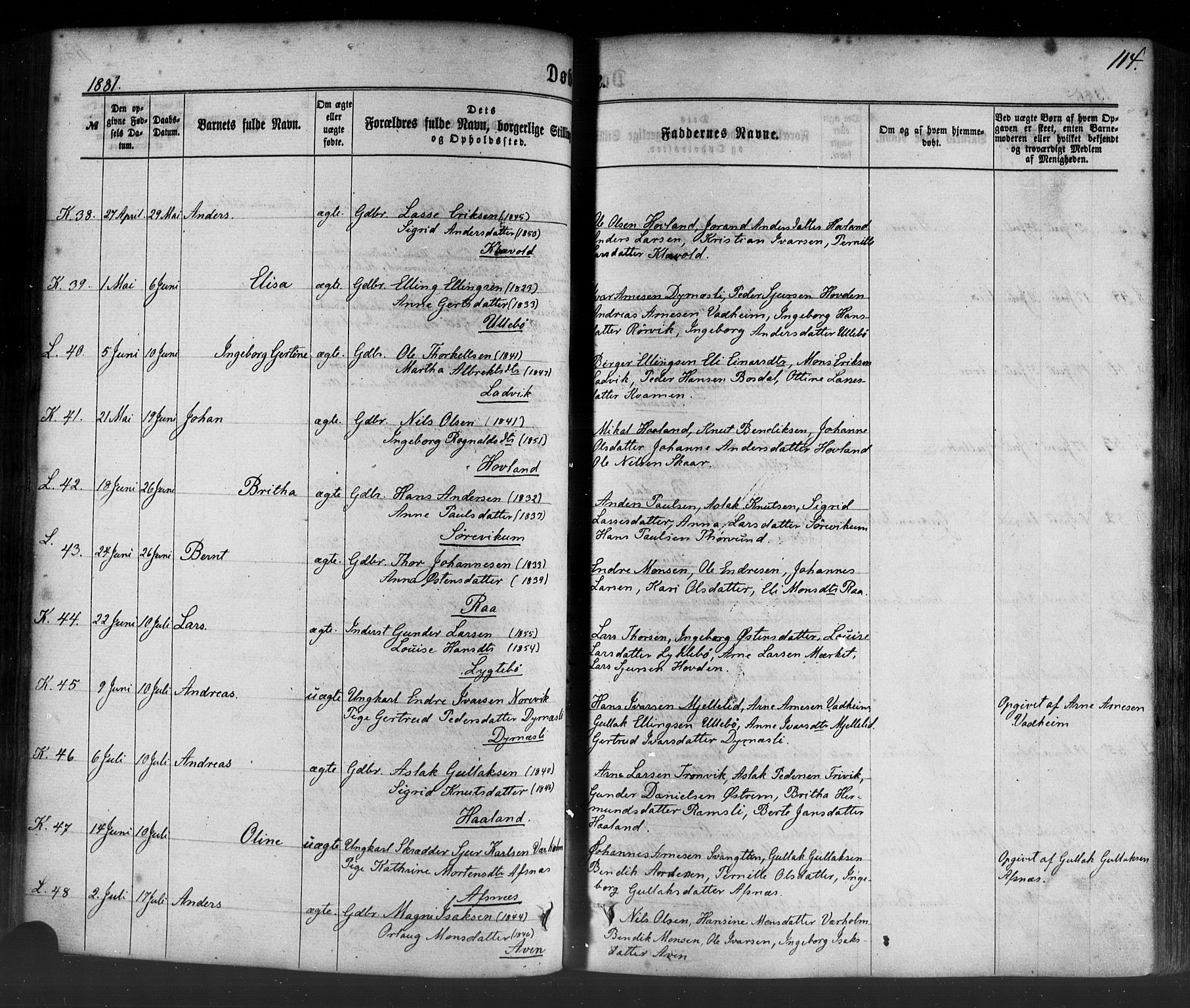 Lavik sokneprestembete, AV/SAB-A-80901: Parish register (official) no. A 4, 1864-1881, p. 114