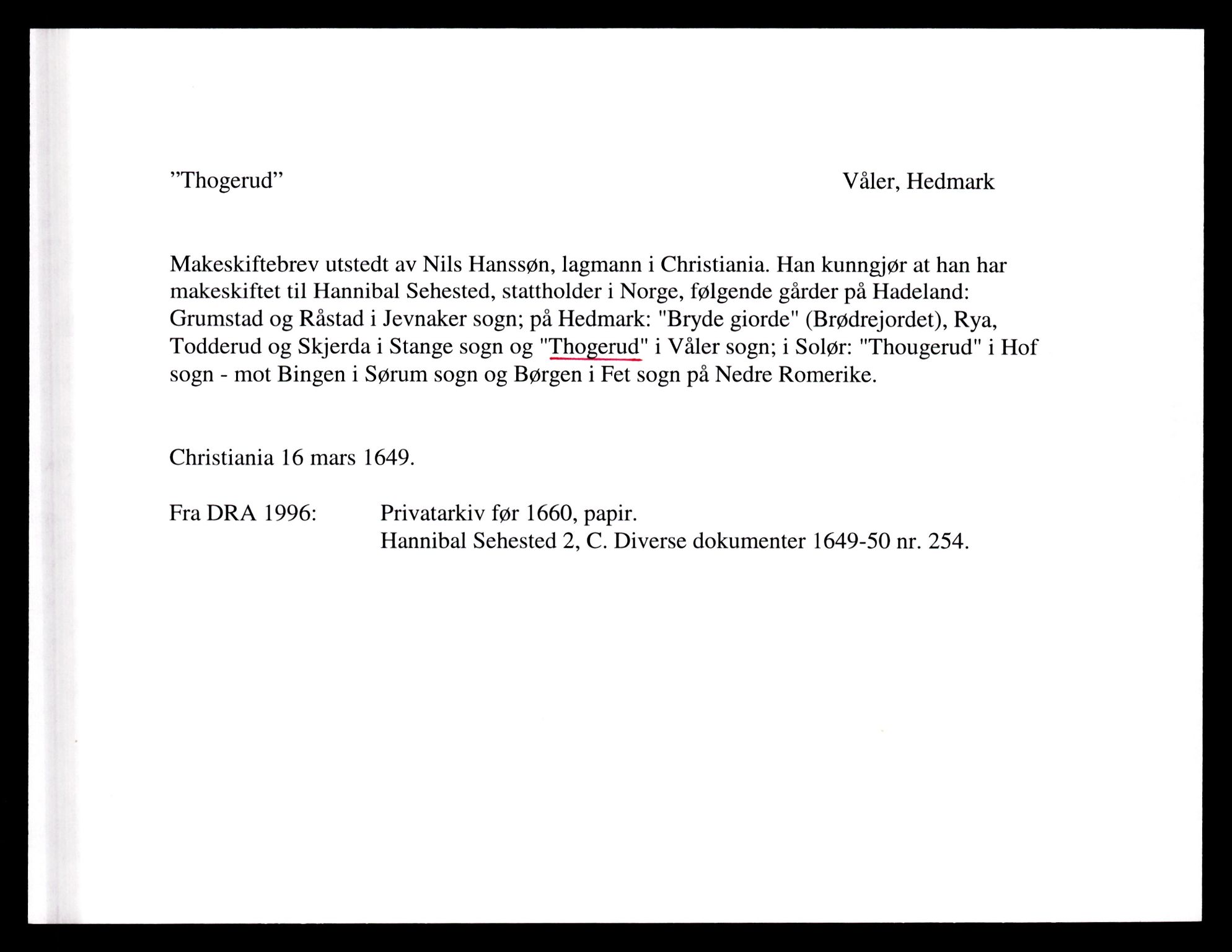 Riksarkivets diplomsamling, AV/RA-EA-5965/F35/F35e/L0008: Registreringssedler Hedmark 2, 1400-1700, p. 131