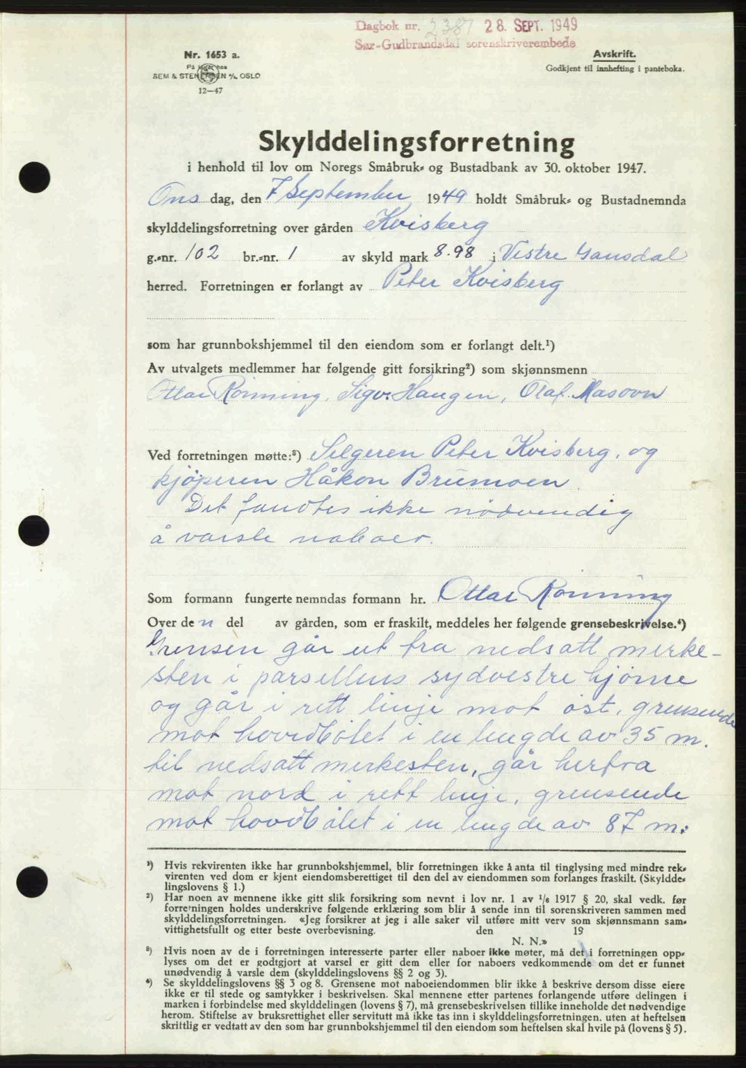 Sør-Gudbrandsdal tingrett, SAH/TING-004/H/Hb/Hbd/L0026: Mortgage book no. A26, 1949-1949, Diary no: : 2381/1949