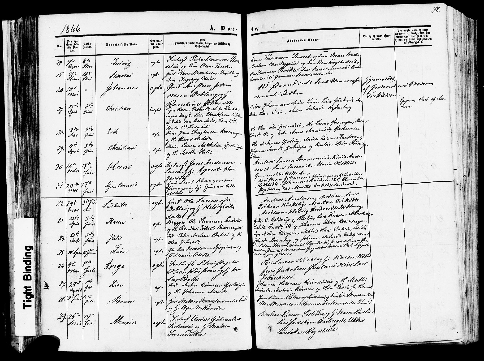 Vang prestekontor, Hedmark, AV/SAH-PREST-008/H/Ha/Haa/L0013: Parish register (official) no. 13, 1855-1879, p. 98