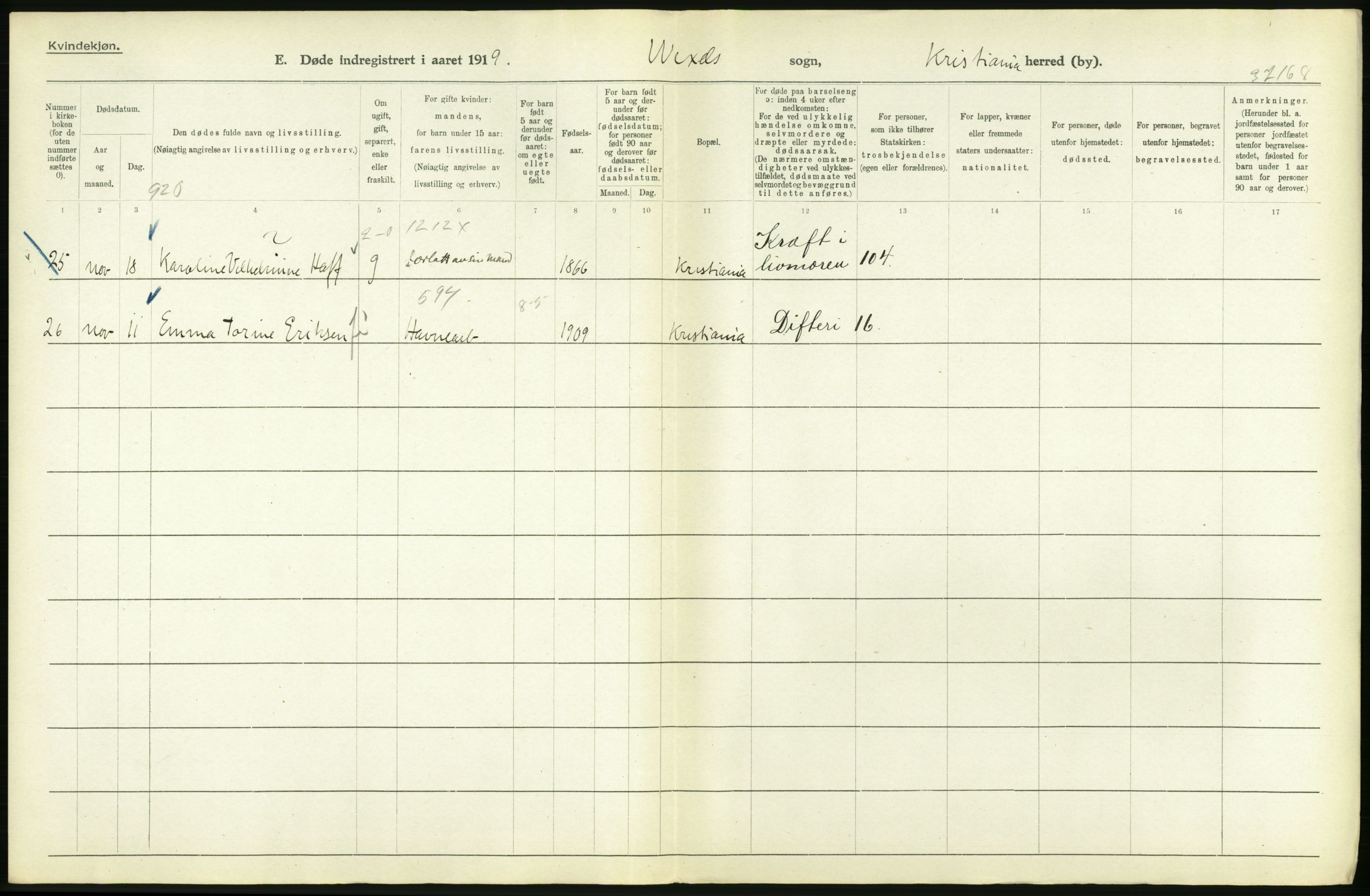 Statistisk sentralbyrå, Sosiodemografiske emner, Befolkning, RA/S-2228/D/Df/Dfb/Dfbi/L0010: Kristiania: Døde, 1919, p. 82