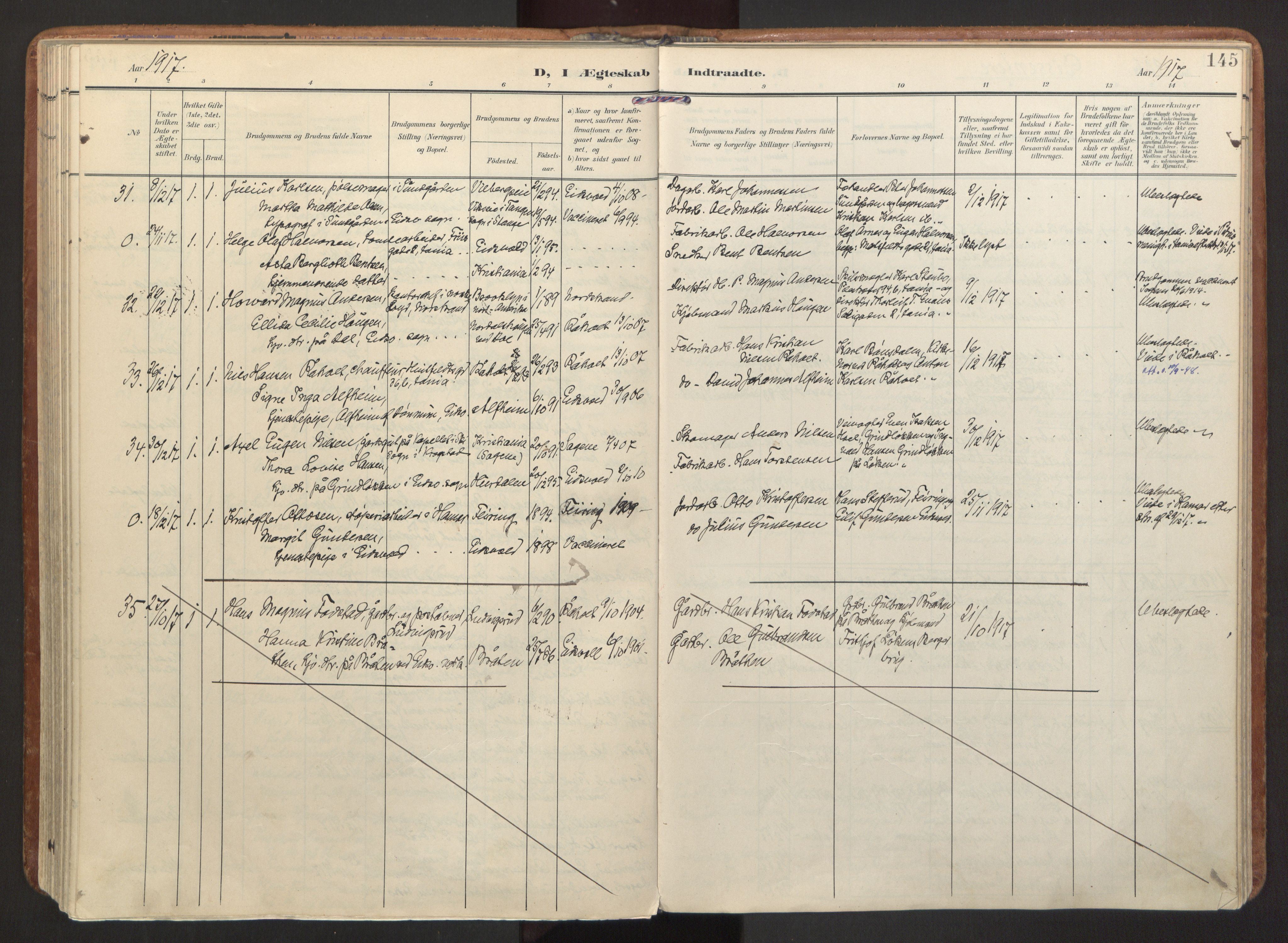 Eidsvoll prestekontor Kirkebøker, AV/SAO-A-10888/F/Fa/L0007: Parish register (official) no. I 7, 1905-1920, p. 145