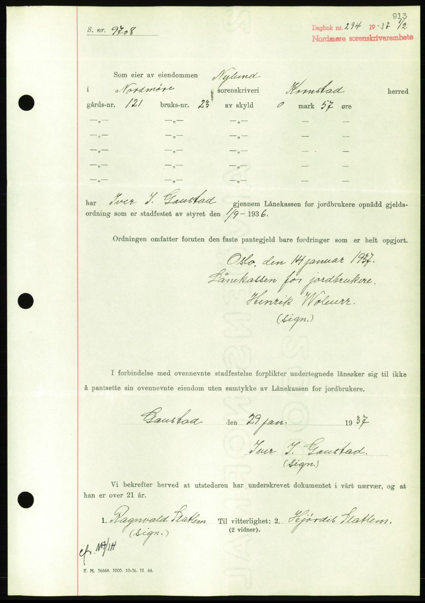 Nordmøre sorenskriveri, AV/SAT-A-4132/1/2/2Ca/L0090: Mortgage book no. B80, 1936-1937, Diary no: : 294/1937