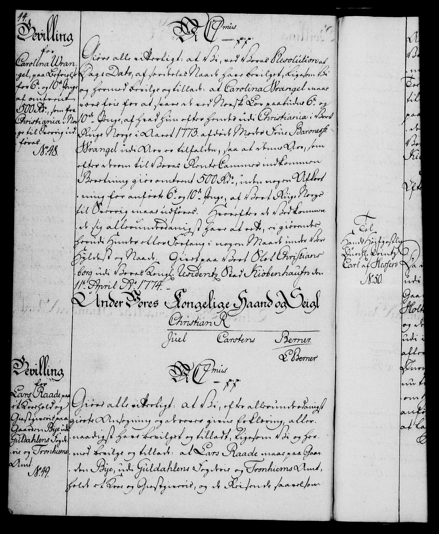 Rentekammeret, Kammerkanselliet, AV/RA-EA-3111/G/Gg/Gga/L0010: Norsk ekspedisjonsprotokoll med register (merket RK 53.10), 1773-1778, p. 44