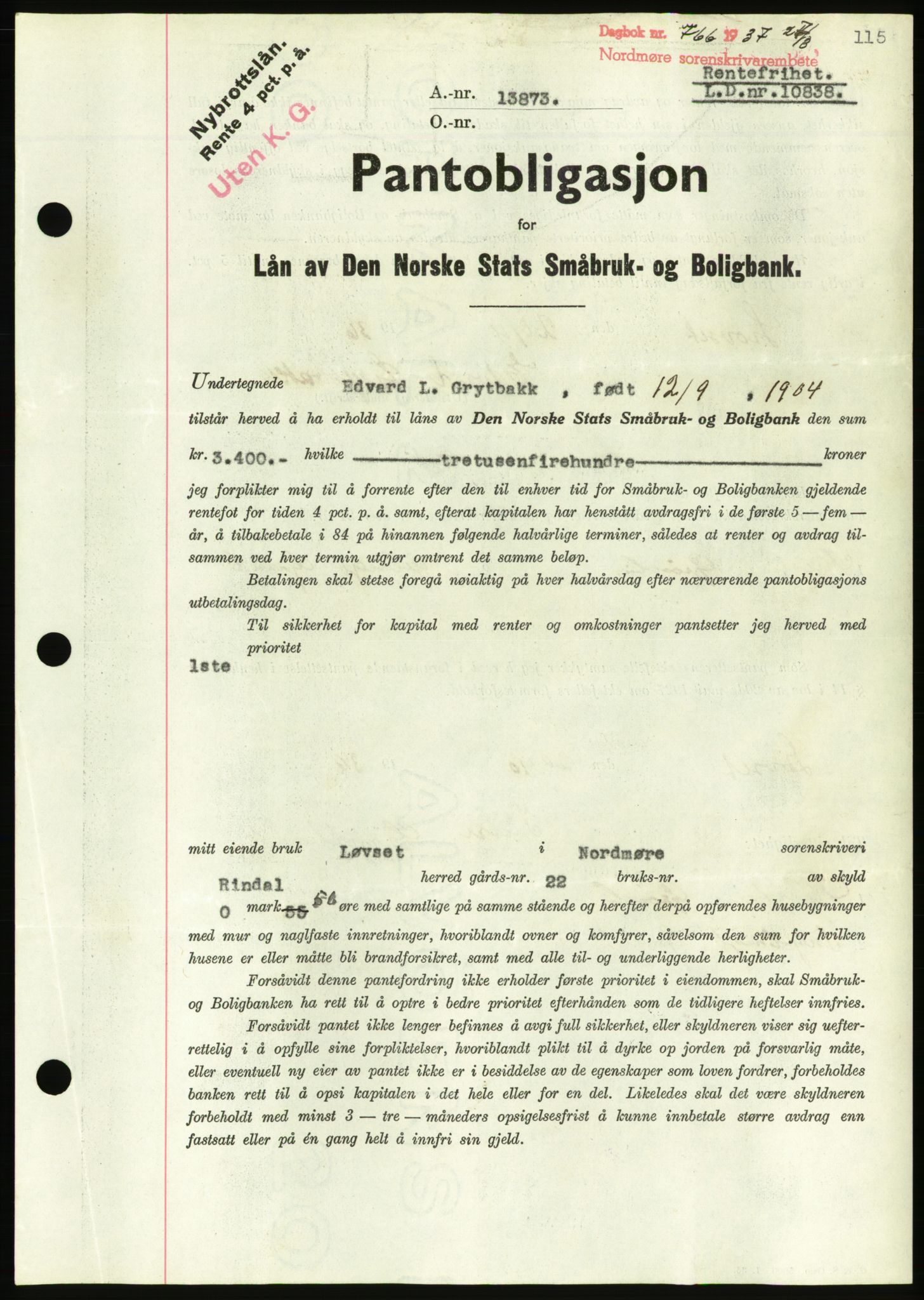 Nordmøre sorenskriveri, AV/SAT-A-4132/1/2/2Ca/L0091: Mortgage book no. B81, 1937-1937, Diary no: : 766/1937