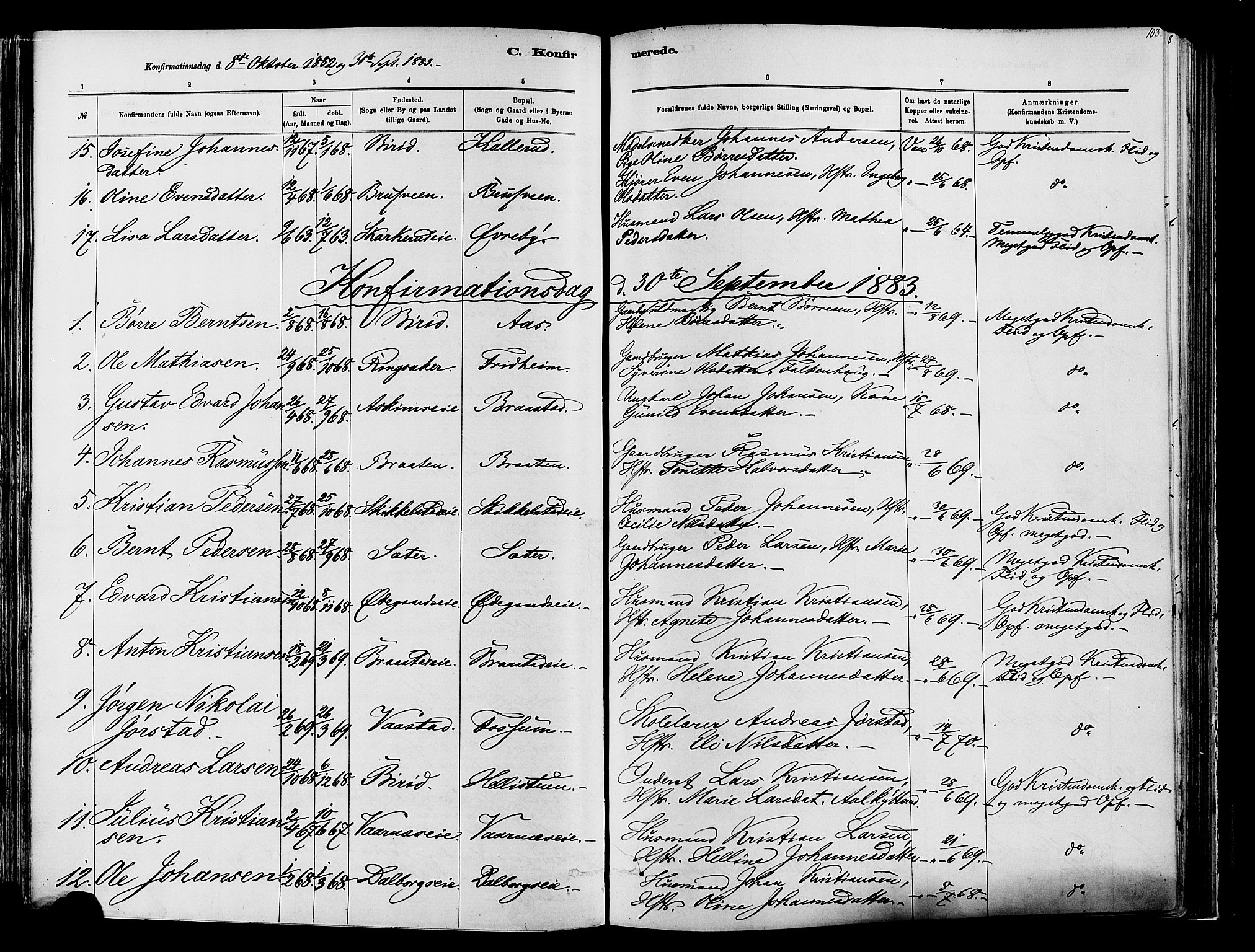 Vardal prestekontor, SAH/PREST-100/H/Ha/Haa/L0009: Parish register (official) no. 9, 1878-1892, p. 103