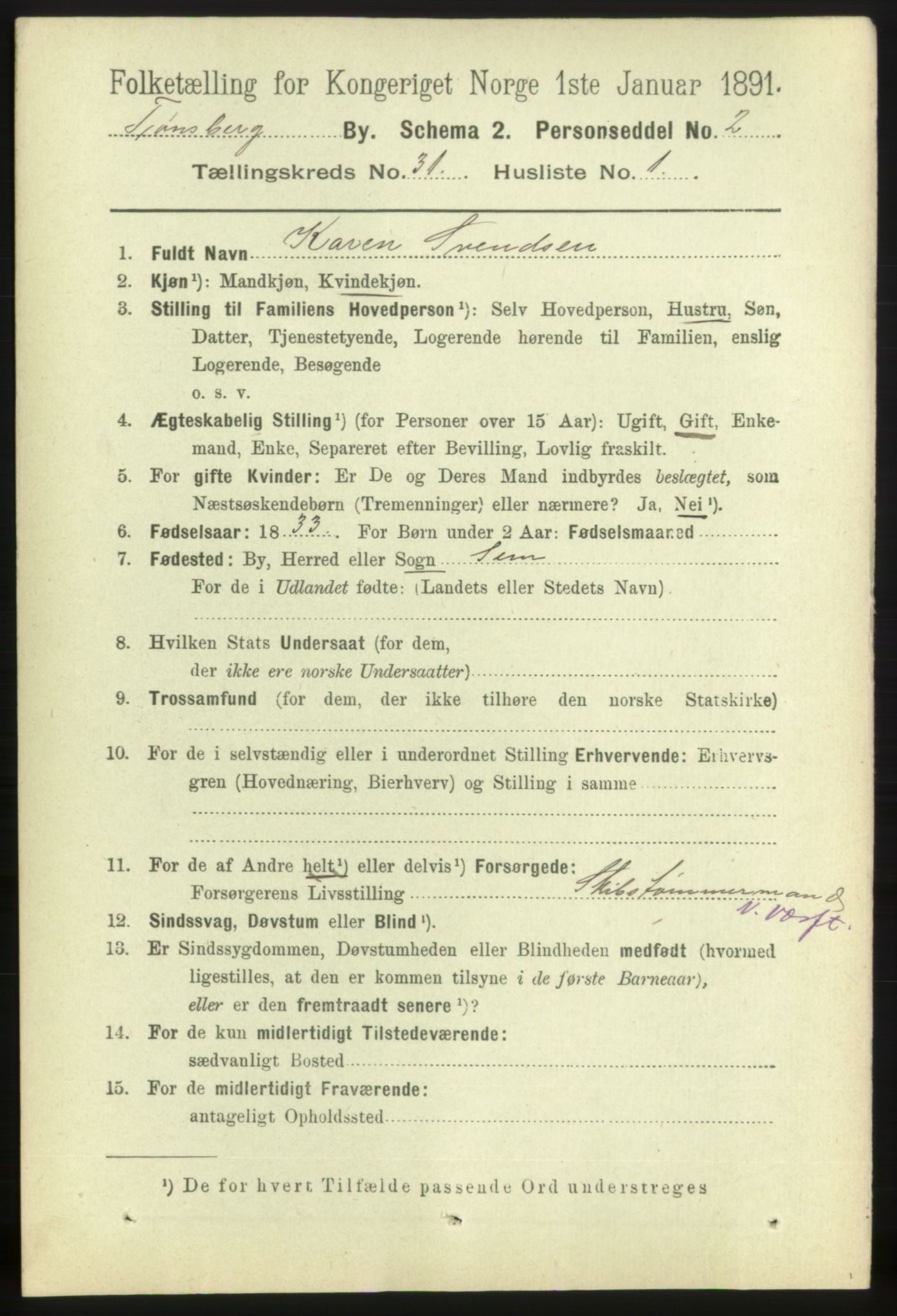 RA, 1891 census for 0705 Tønsberg, 1891, p. 7377