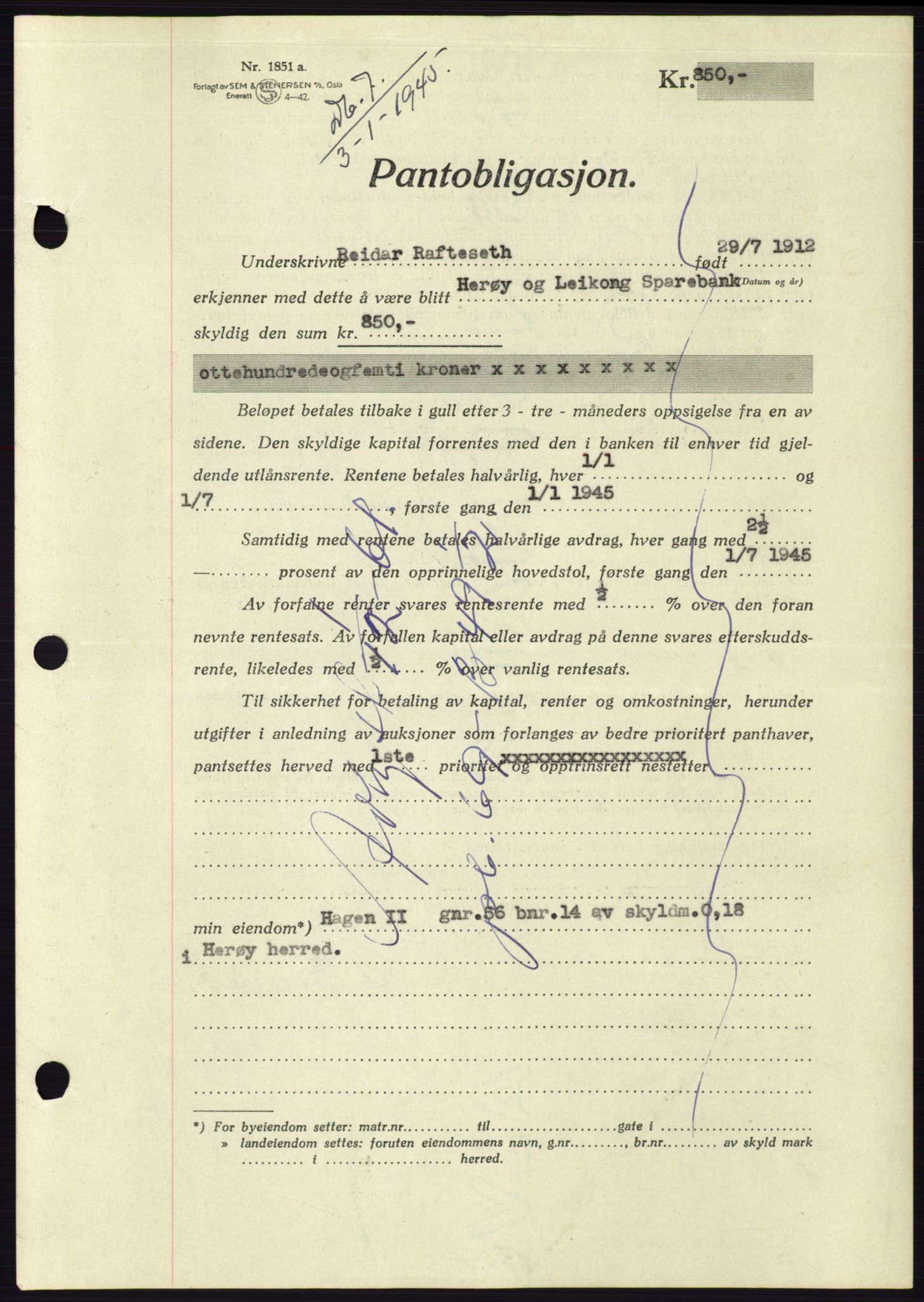 Søre Sunnmøre sorenskriveri, AV/SAT-A-4122/1/2/2C/L0114: Mortgage book no. 1-2B, 1943-1947, Diary no: : 7/1945