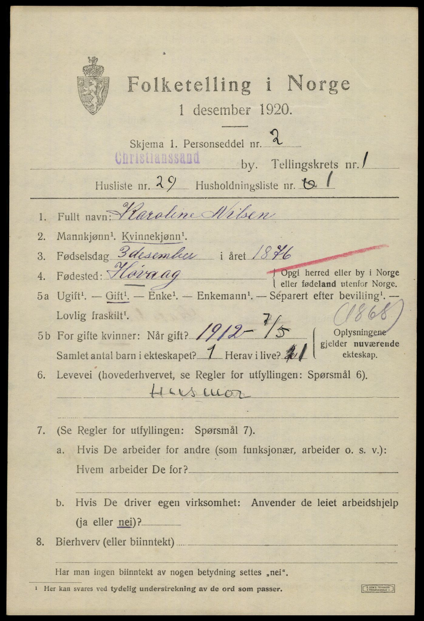 SAK, 1920 census for Kristiansand, 1920, p. 20543