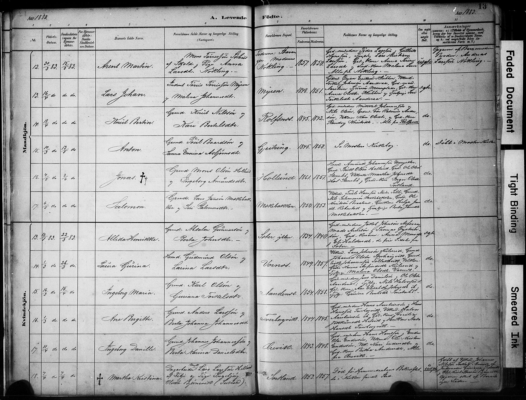 Finnås sokneprestembete, SAB/A-99925/H/Ha/Hab/Habb/L0003: Parish register (copy) no. B 3, 1882-1897, p. 13