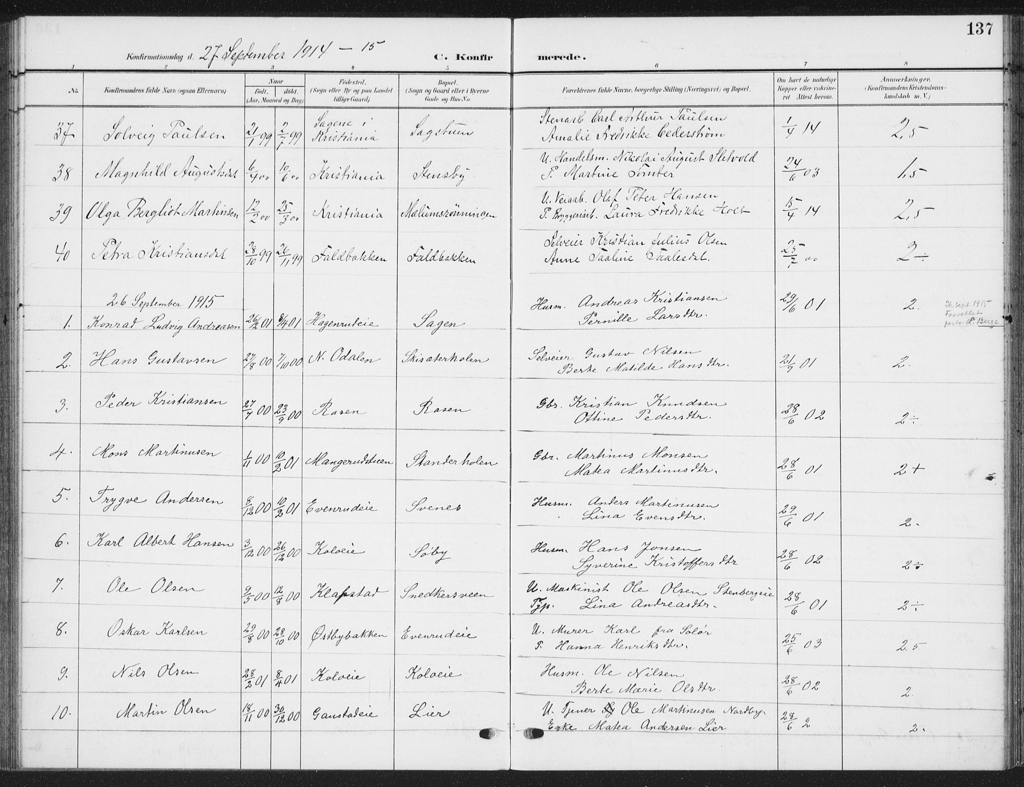 Romedal prestekontor, SAH/PREST-004/K/L0009: Parish register (official) no. 9, 1906-1929, p. 137