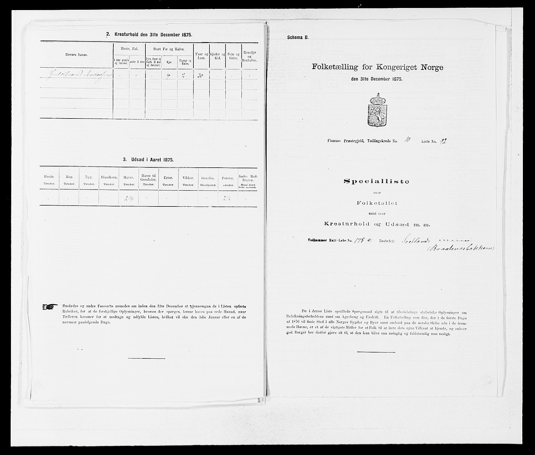 SAB, 1875 census for 1218P Finnås, 1875, p. 1292