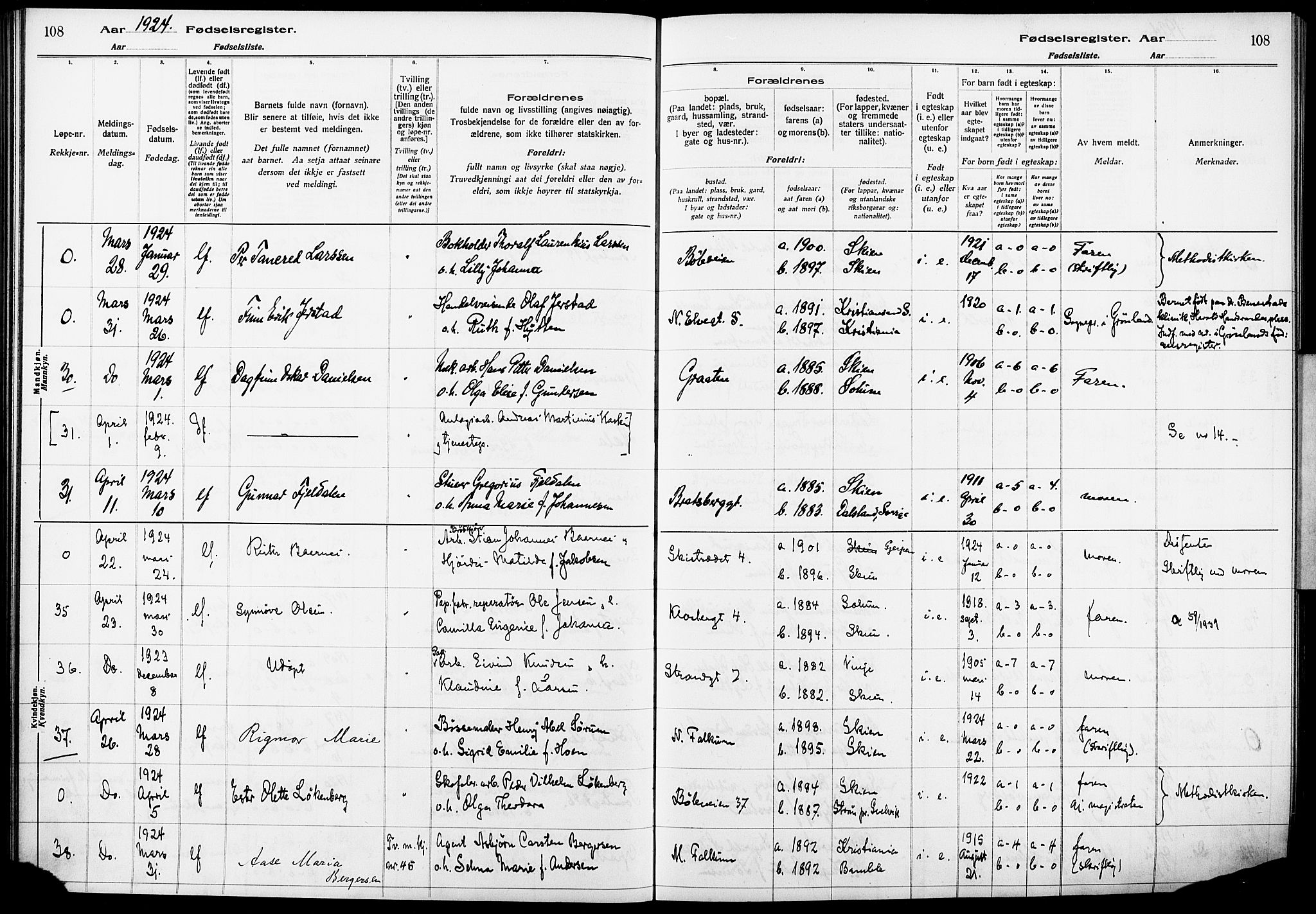 Skien kirkebøker, AV/SAKO-A-302/J/Ja/L0002: Birth register no. 2, 1921-1927, p. 108