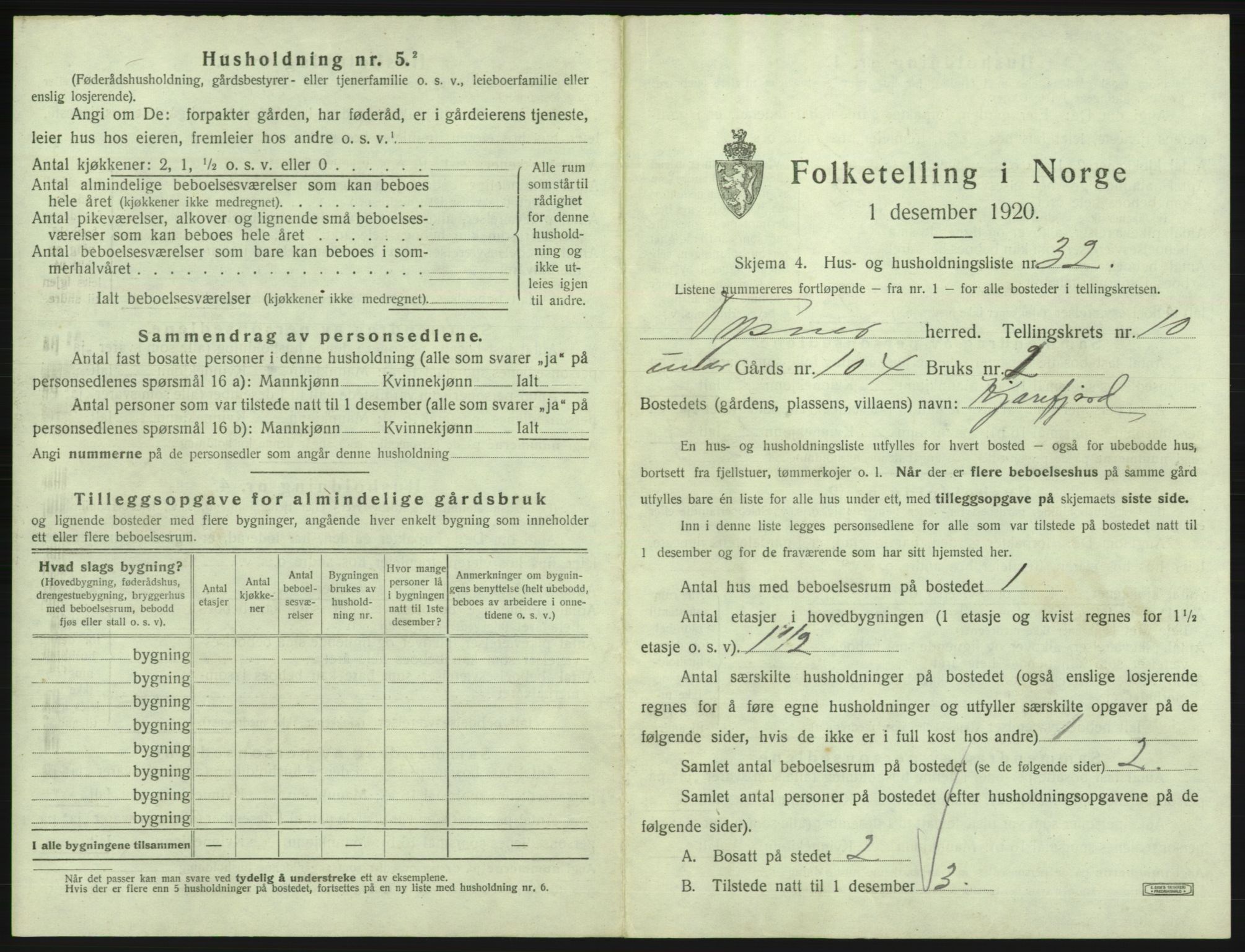 SAB, 1920 census for Tysnes, 1920, p. 1049