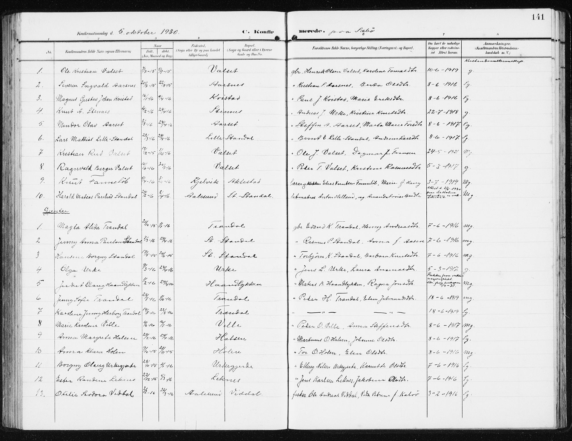 Ministerialprotokoller, klokkerbøker og fødselsregistre - Møre og Romsdal, SAT/A-1454/515/L0216: Parish register (copy) no. 515C03, 1906-1941, p. 141