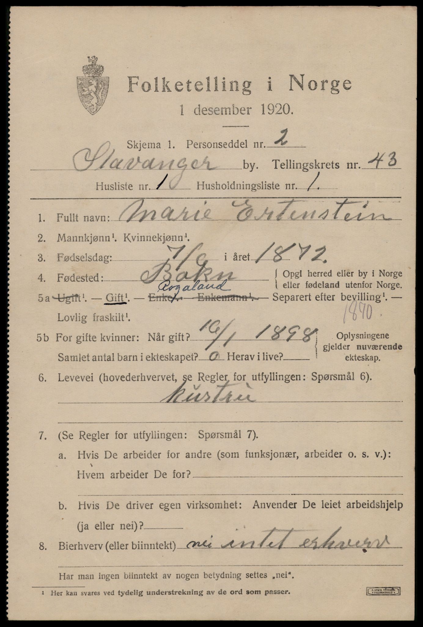 SAST, 1920 census for Stavanger, 1920, p. 106812