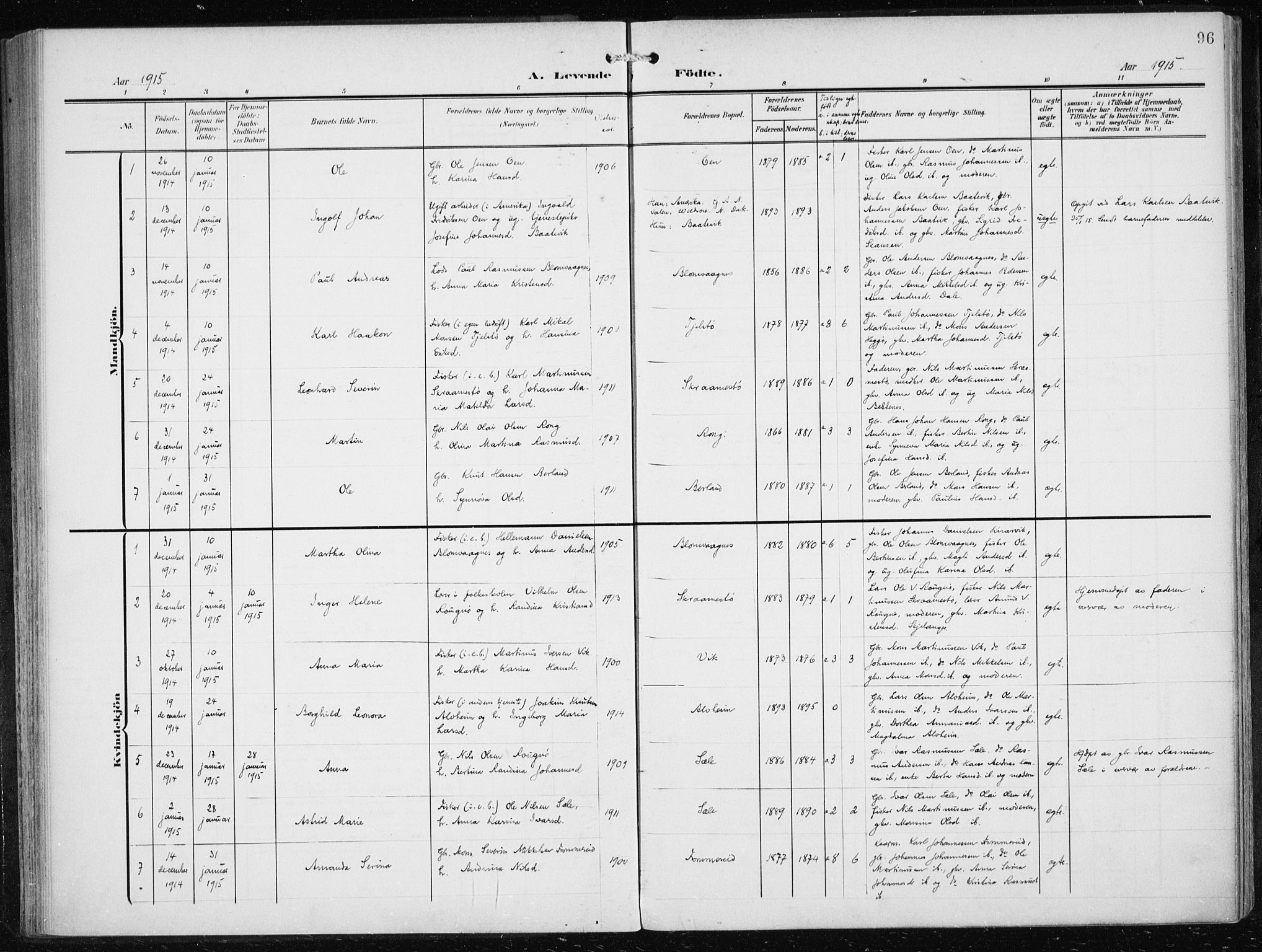 Herdla Sokneprestembete, SAB/A-75701/H/Haa: Parish register (official) no. A 5, 1905-1918, p. 96