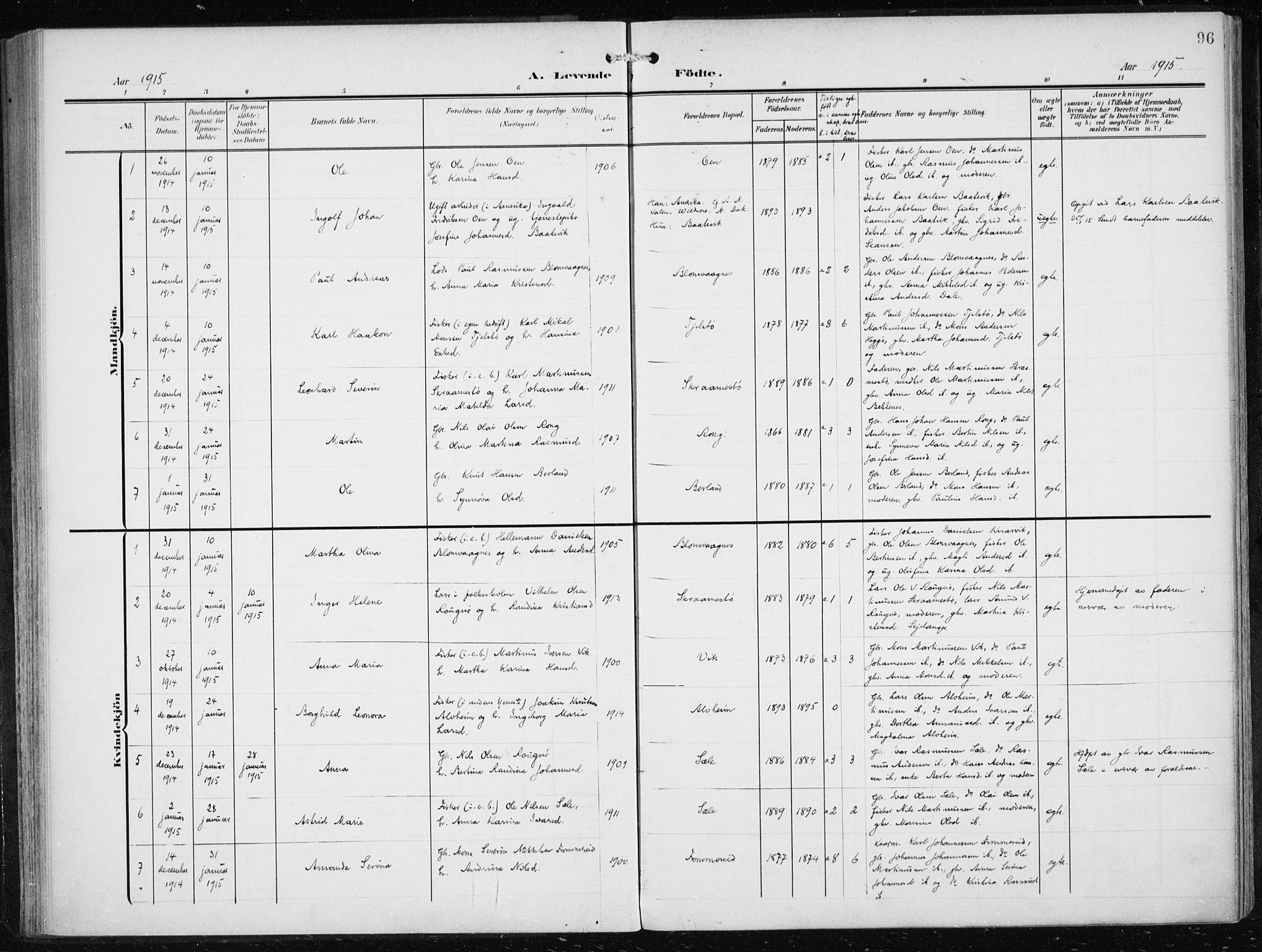 Herdla Sokneprestembete, AV/SAB-A-75701/H/Haa: Parish register (official) no. A 5, 1905-1918, p. 96