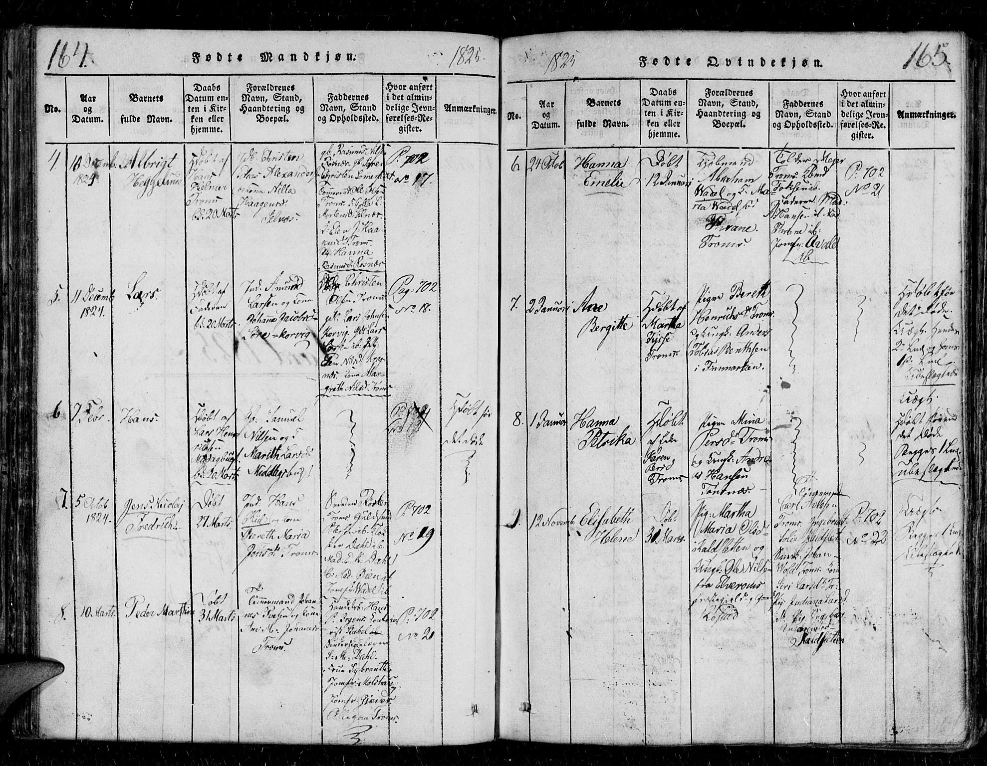 Tromsø sokneprestkontor/stiftsprosti/domprosti, AV/SATØ-S-1343/G/Gb/L0001klokker: Parish register (copy) no. 1, 1821-1833, p. 164-165