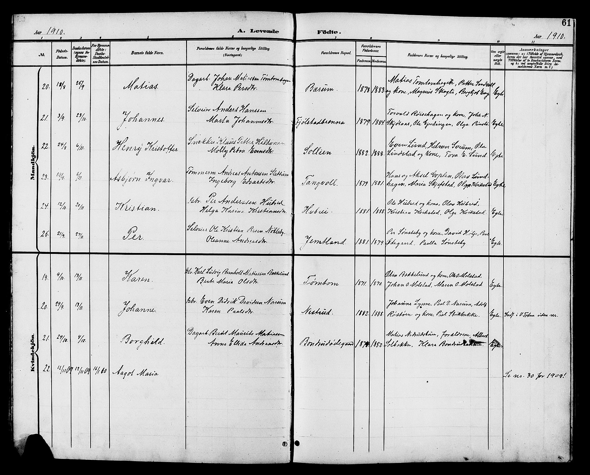 Vestre Toten prestekontor, AV/SAH-PREST-108/H/Ha/Hab/L0011: Parish register (copy) no. 11, 1901-1911, p. 61