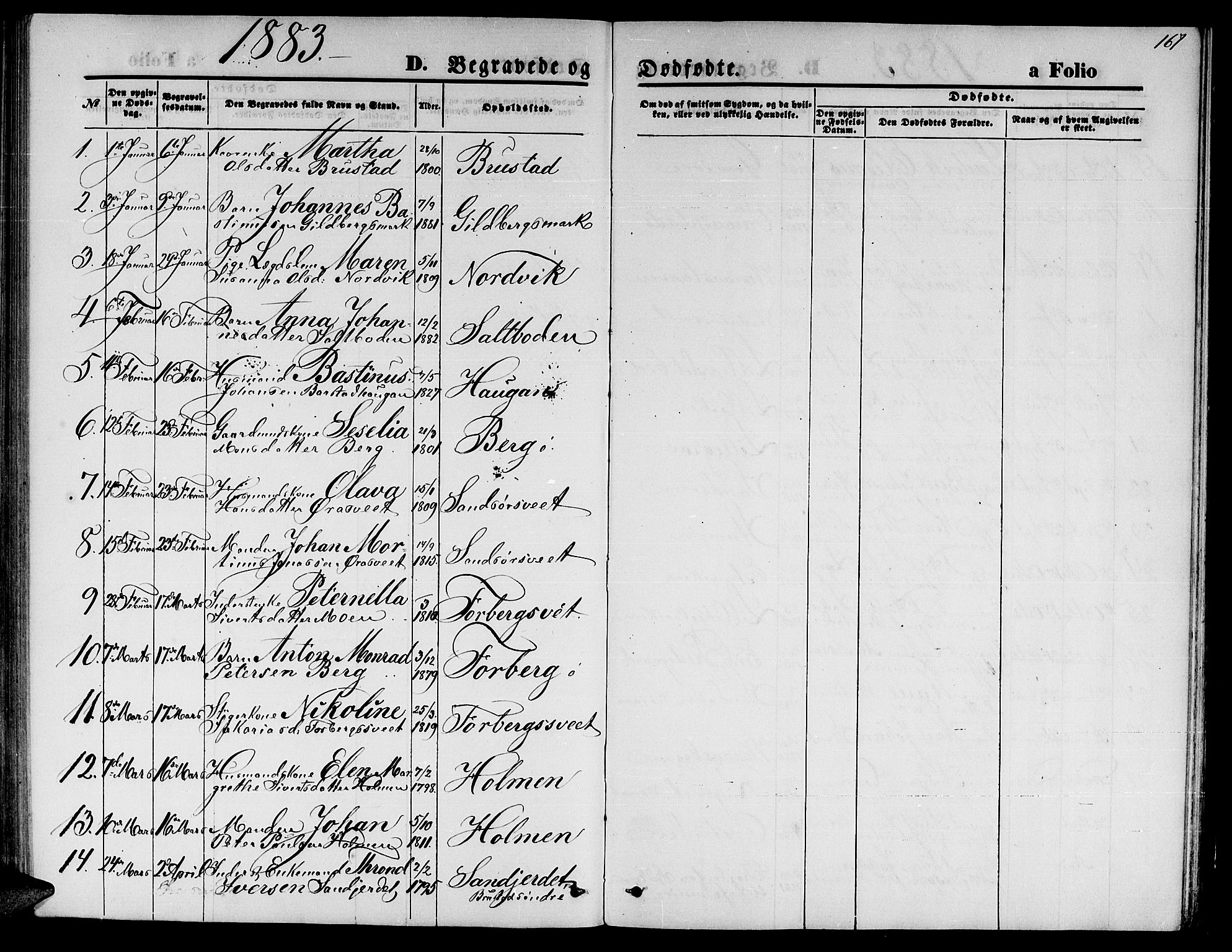 Ministerialprotokoller, klokkerbøker og fødselsregistre - Nord-Trøndelag, AV/SAT-A-1458/722/L0225: Parish register (copy) no. 722C01, 1871-1888, p. 167