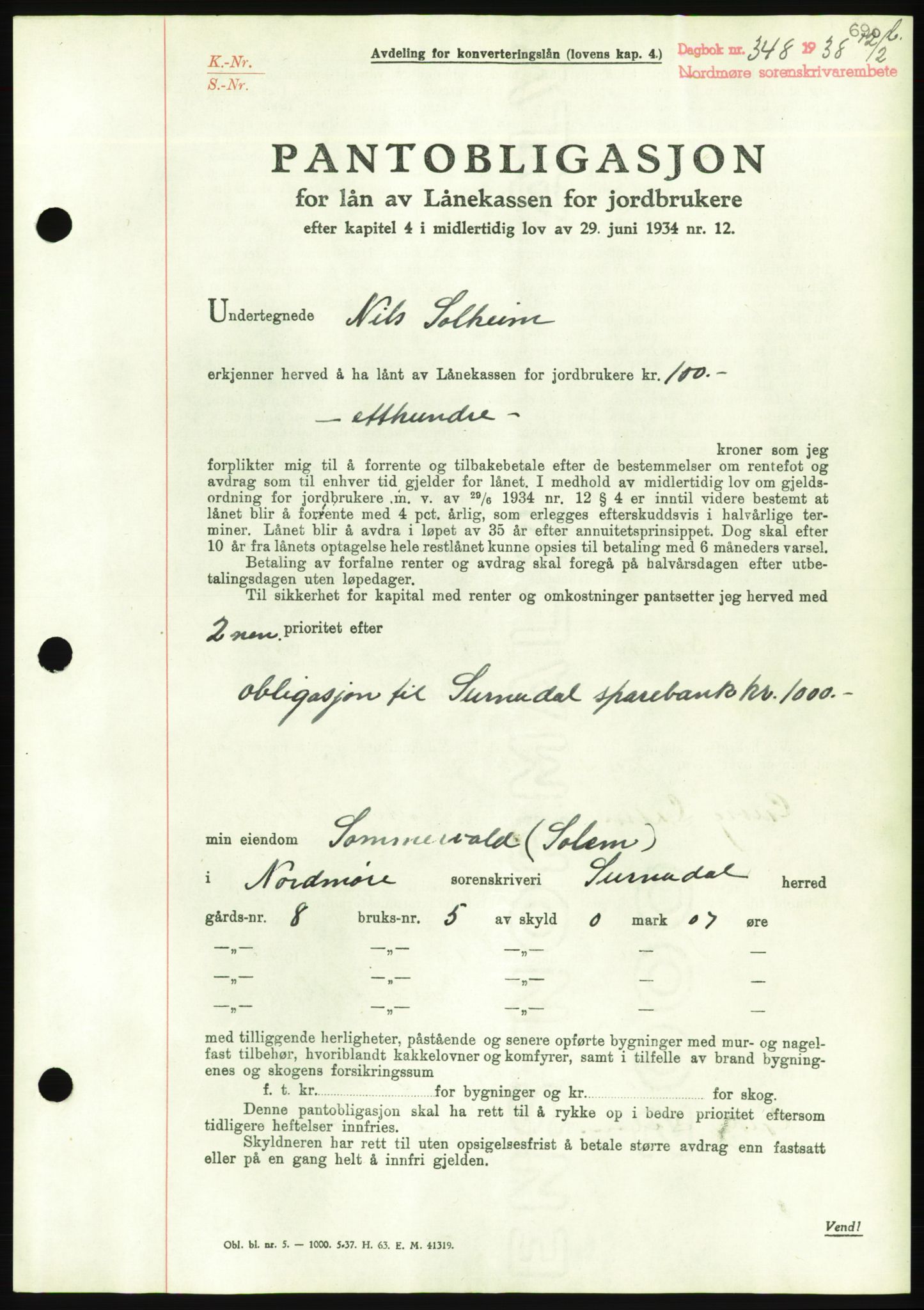 Nordmøre sorenskriveri, AV/SAT-A-4132/1/2/2Ca/L0092: Mortgage book no. B82, 1937-1938, Diary no: : 348/1938