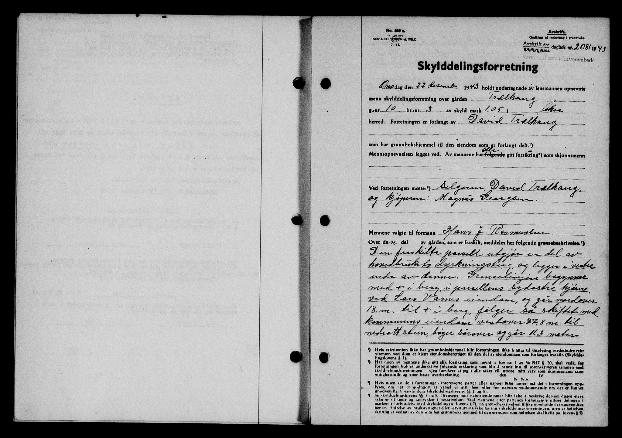 Karmsund sorenskriveri, SAST/A-100311/01/II/IIB/L0081: Mortgage book no. 62A, 1943-1944, Diary no: : 2081/1943