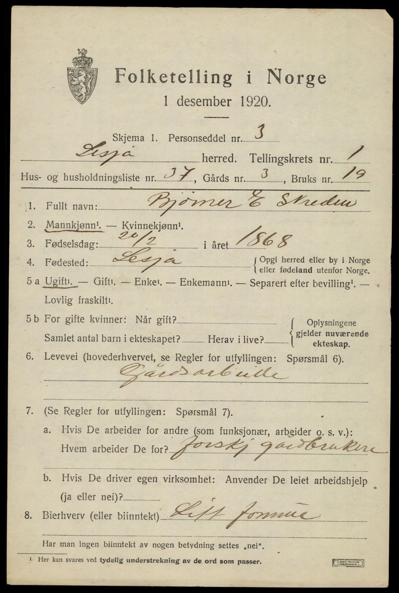 SAH, 1920 census for Lesja, 1920, p. 1622